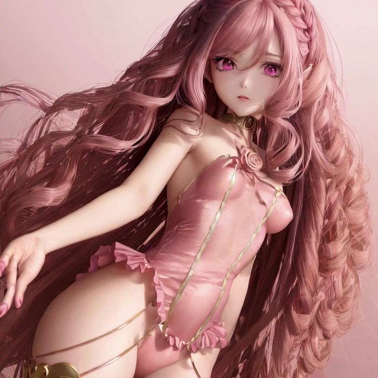 Anime-style girl with (((deep magenta eyes and long, wavy pink hair))) ((styled in an elegant French braid)). (((She is slender, and , with small breasts))). wearing a (((pink, gold, and rose gold color magical girl-themed outfit.))) ((The outfit features a spider and spider web theme.)) The overall look is regal and ethereal, with magical glowing effects. cutesexy, , a hyperrealistic , hyperrealistic , realistic , seductive (anime girl), smooth anime cg art, beautiful alluring anime teen, ((magical girl)), (masterpiece), best quality, expressive eyes, perfect face ((Highest quality))、((8K))、(((8k wallpaper))) ultra detailed, masterpiece, best quality, solo