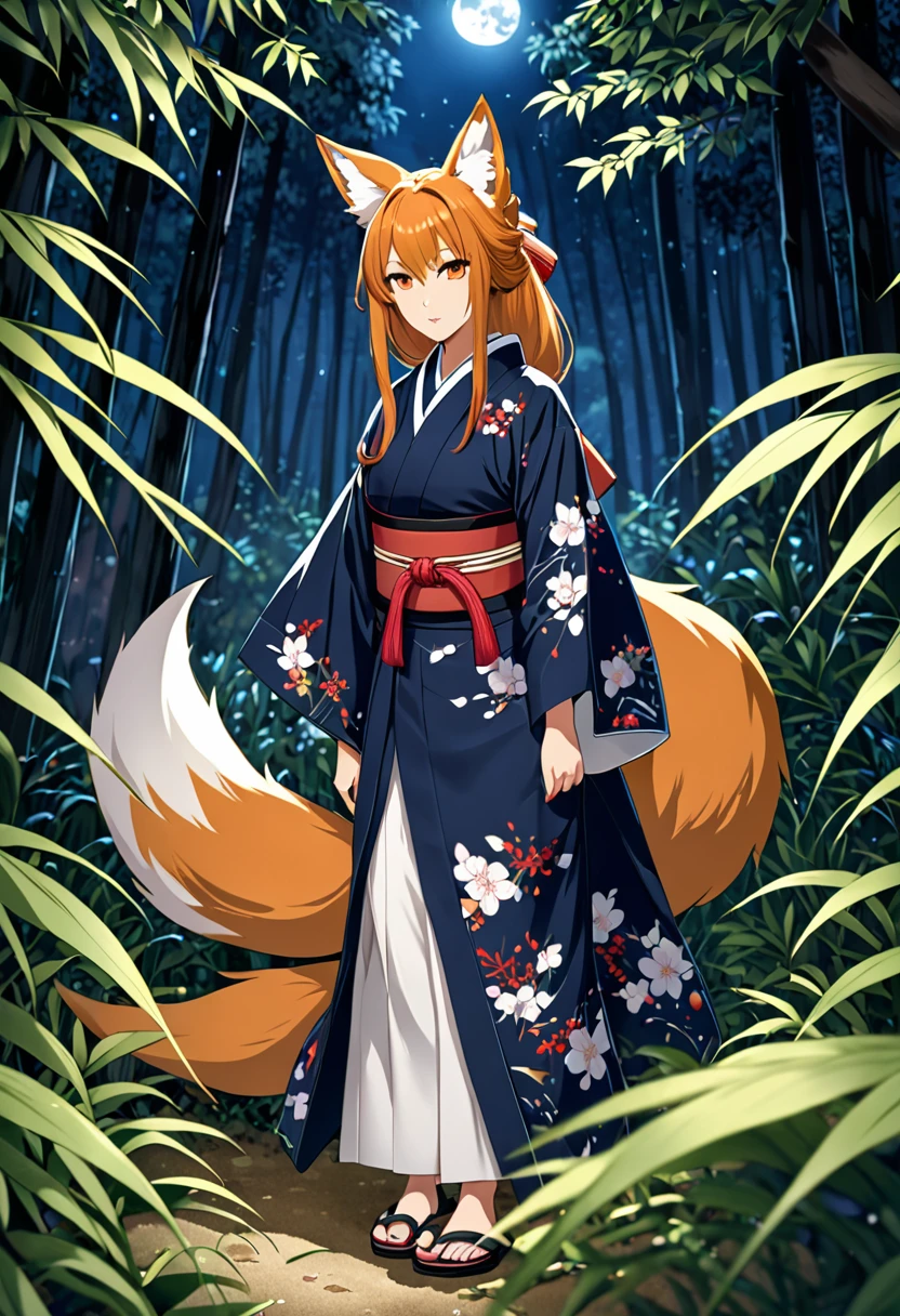 Masterpiece, Extremely detailed, close distance shot, (A beautiful kitsune woman peering through the leaves in a dense forest), facing viewer, dynamic pose , fox ears, nine fox tails, traditional Japanese clothing. Japanese sandels, vegetation in the for ground, water droplets on leaves, subject partially obscured by vegetation, moonlit night