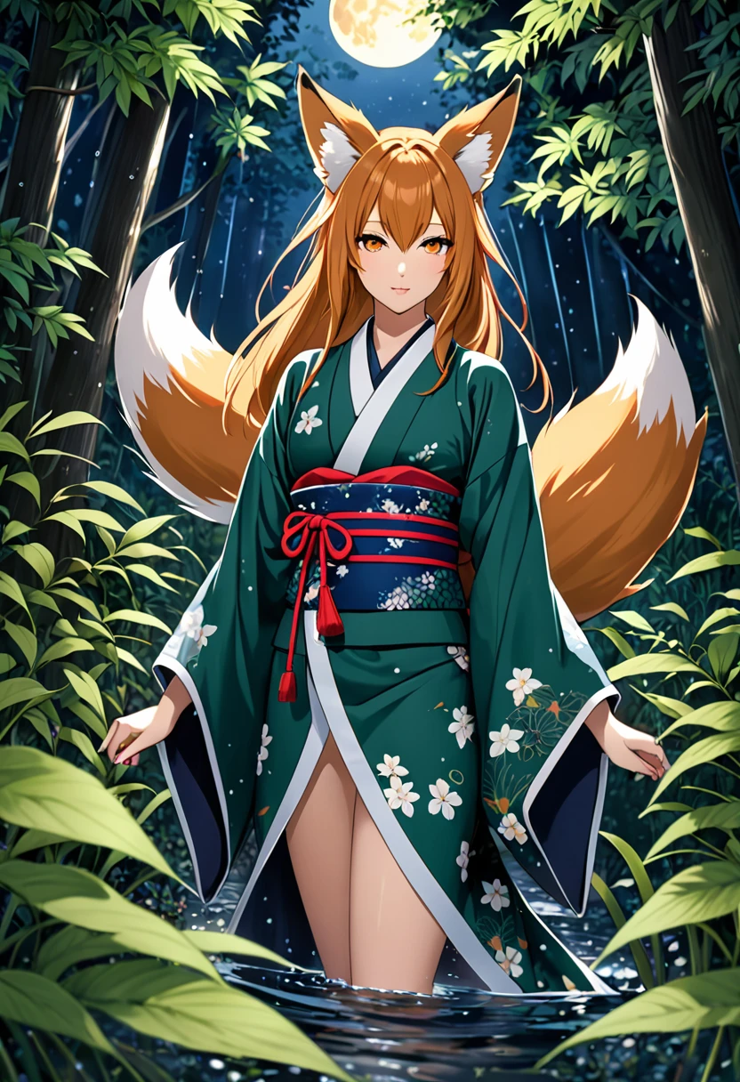 Masterpiece, Extremely detailed, close distance shot, (A beautiful kitsune woman peering through the leaves in a dense forest), facing viewer, dynamic pose , fox ears, nine fox tails, traditional Japanese clothing. Japanese sandels, vegetation in the for ground, water droplets on leaves, subject partially obscured by vegetation, moonlit night