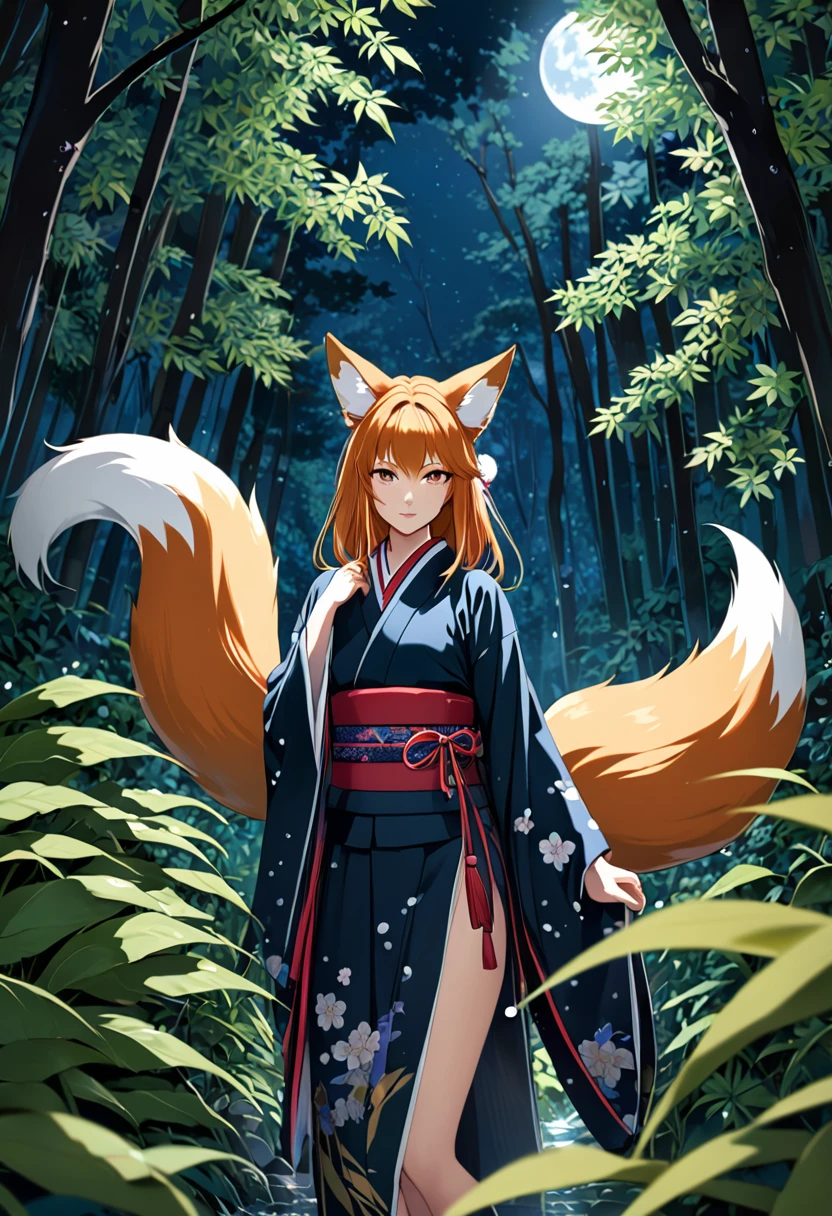 Masterpiece, Extremely detailed, close distance shot, (A beautiful kitsune woman peering through the leaves in a dense forest), facing viewer, dynamic pose , fox ears, nine fox tails, traditional Japanese clothing. Japanese sandels, vegetation in the for ground, water droplets on leaves, subject partially obscured by vegetation, moonlit night
