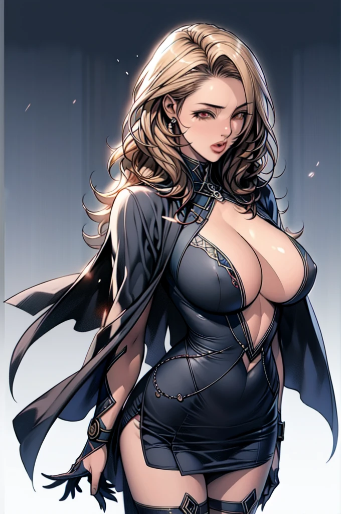 1girl,Alicia Viewsrtream, blonde hair, wavy hair, long hair, red eyes,red lips,red impossible clothes,red elbow gloves,red thigh boots,cape,incredibly absurdres,thighs,realistic,reality,hetero, best quality:1.4, intricate details, sharp focus, highres, elaborate atmosphere:0.90, 8K, 4K, UHD, 32k UHD resolution, Ultra Detailed 8K CG, ultra high res, High quality texture, High quality shadows, vivid colors, detailed eyes, depth of field, soft lighting, masterpiece, best quality, intricate, (lens reflection: 0.7), (flowering: 0.7), particle effects, ray tracing, tone mapping, highly detailed, concept art, smooth, sharp focus, dramatic lighting, highly detailed art, trending on Artstation, 8K, amazing shadows, realistic, (highly detailed background: 1.2), oda non style, palace, luxury, interiors, windows,
