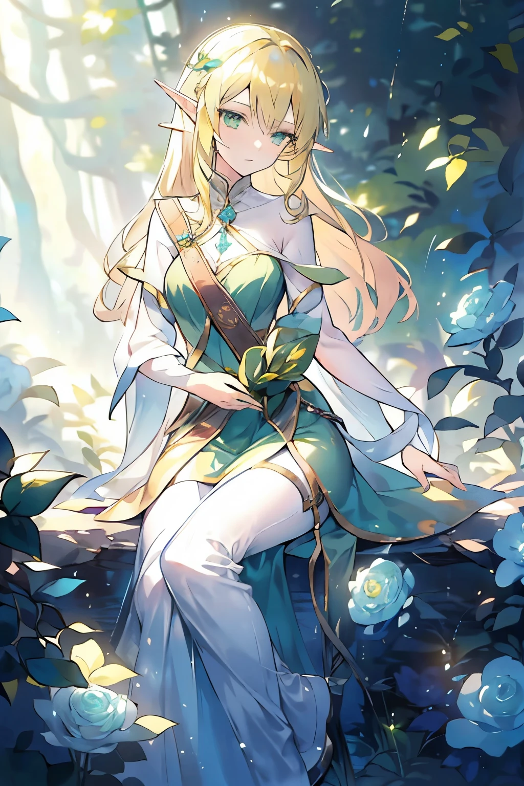 A woman, Elf, with long YELLOW/BLONDIE hair, green eyes, wearing green elegant dress, there is blue flower in her head, with serious on her face, posing looking at camera with her body turned around, elegant, beautiful, background is a mysterious forest but very beautiful place, HD picture, good AI art, NO BLUR PICTURE. 