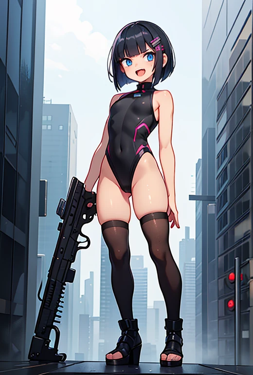 Ten_years_old girl, high cut leotard, freckled skin, body freckles, fighting, angry, gun, fullbody, standing, platform heels, Bob cut hair, smile showing teeth, open mouth, tongue out, hair clip, Cyberpunk, tight stockings,