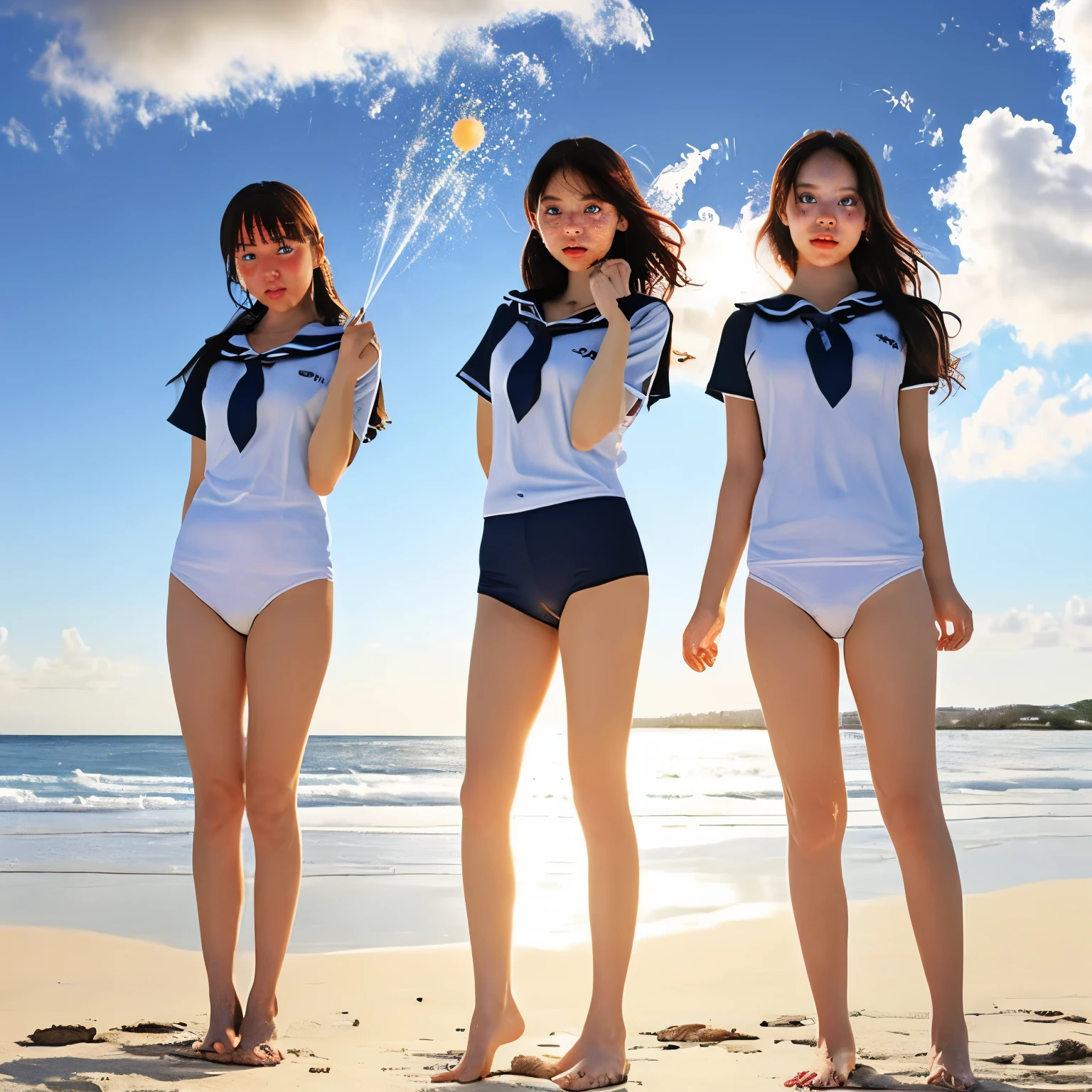 Masterpiece of (ProfessionalPhoto:1.37) ((ExtremelyDetailed (12 PICHIPICHI KAWAII Girls Floating in The Air in a row:1.37) in WHITE at Dusk Enoshima Beach)), {(Standing Full Body:1.2)|(from below:1.2)|Detailed KAWAII face}, Different types of hair colors, {(skinny(school swimwear))|(SchoolUniform)with Tiny AthleticShorts}, {(Corrected Childish hand)|Hidden hand|Different types of breasts|(Clearly Visible the shape of Butt)}, Joyful Expressions LifeLike Rendering, Detailed clothing texture, PerfectLighting, (Dazzling Horizon Visible through ThighGap), (Starry IridescentParticles:1.22) ColorfulClouds . Whole Body proportions and all limbs are anatomically accurate