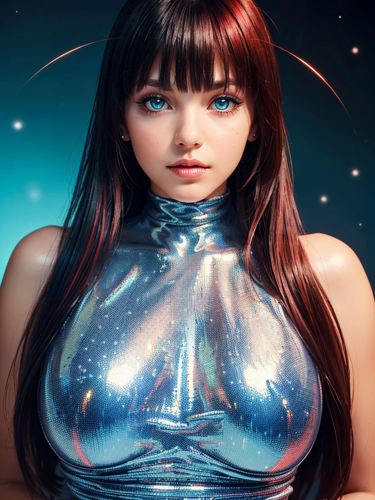 (isolated metal girl with beautiful  eyes :1.3),(beautiful face:1.3),(gigantic boobs:1.2), (big red star:1.3),(beautiful shiny skin:1.3),(gigantic aggressive Dress:1.4) (color fails:1.5),(bright hole:1.3),(shiny hair:1.3),(bangs:1.2)