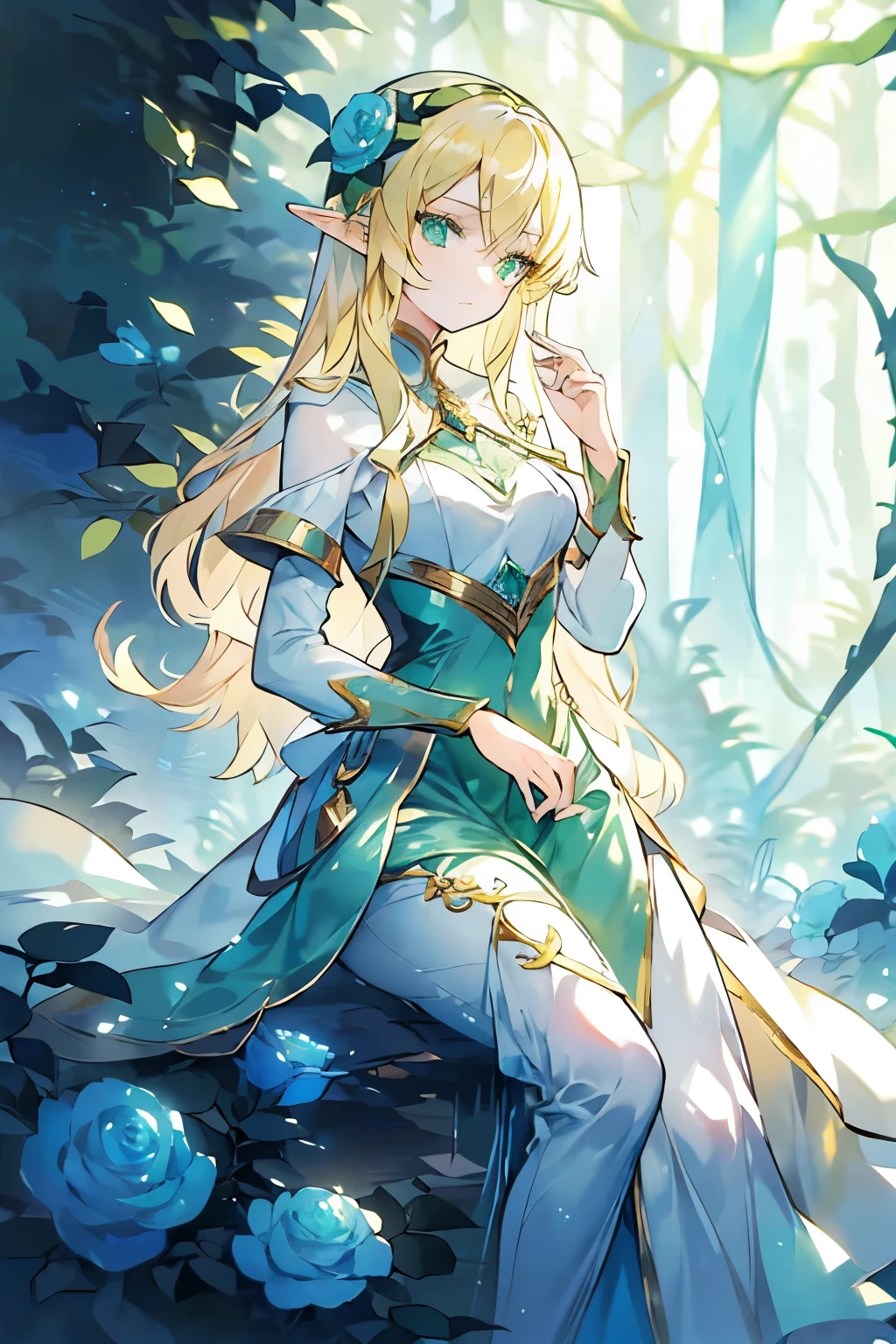 A woman, Elf, with long YELLOW/BLONDIE hair, green eyes, wearing green elegant dress, there is blue flower in her head, with serious on her face, posing looking at camera with her body turned around, elegant, beautiful, background is a mysterious forest but very beautiful place, HD picture, good AI art, NO BLUR PICTURE. 