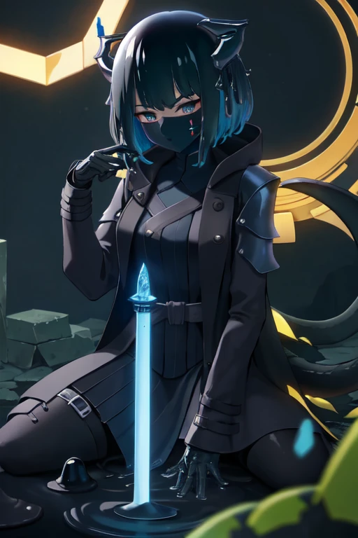 Waifu dragon slime with light armor and a dark trench coat, electronic mask, obsidian sword