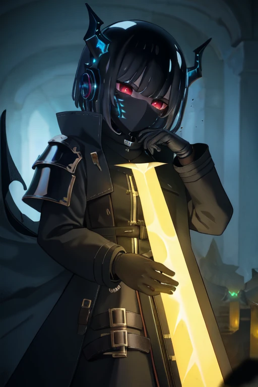 Waifu dragon slime  with light armor and a dark trench coat, electronic mask, obsidian sword 
