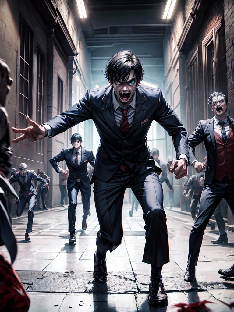 Normal school boy with three zombies chasing him and running for their lives