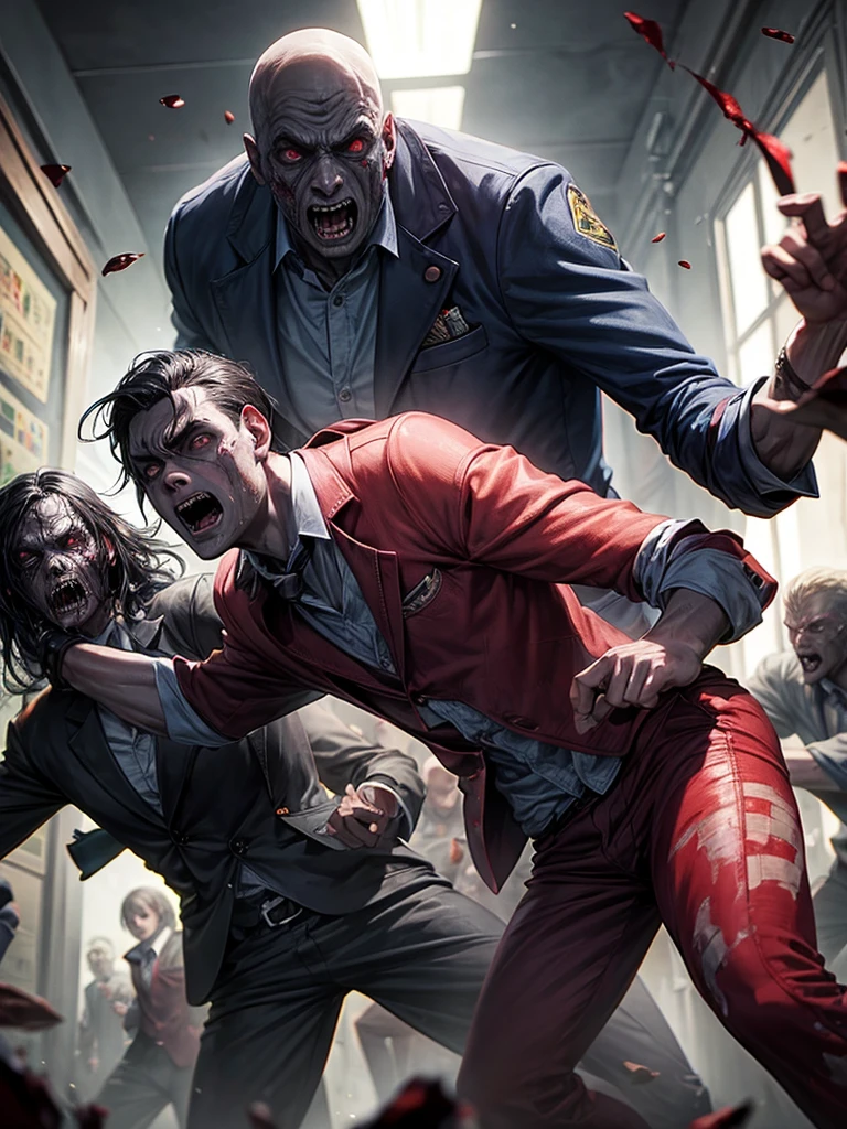 Normal school boy with three zombies chasing him and running for their lives
