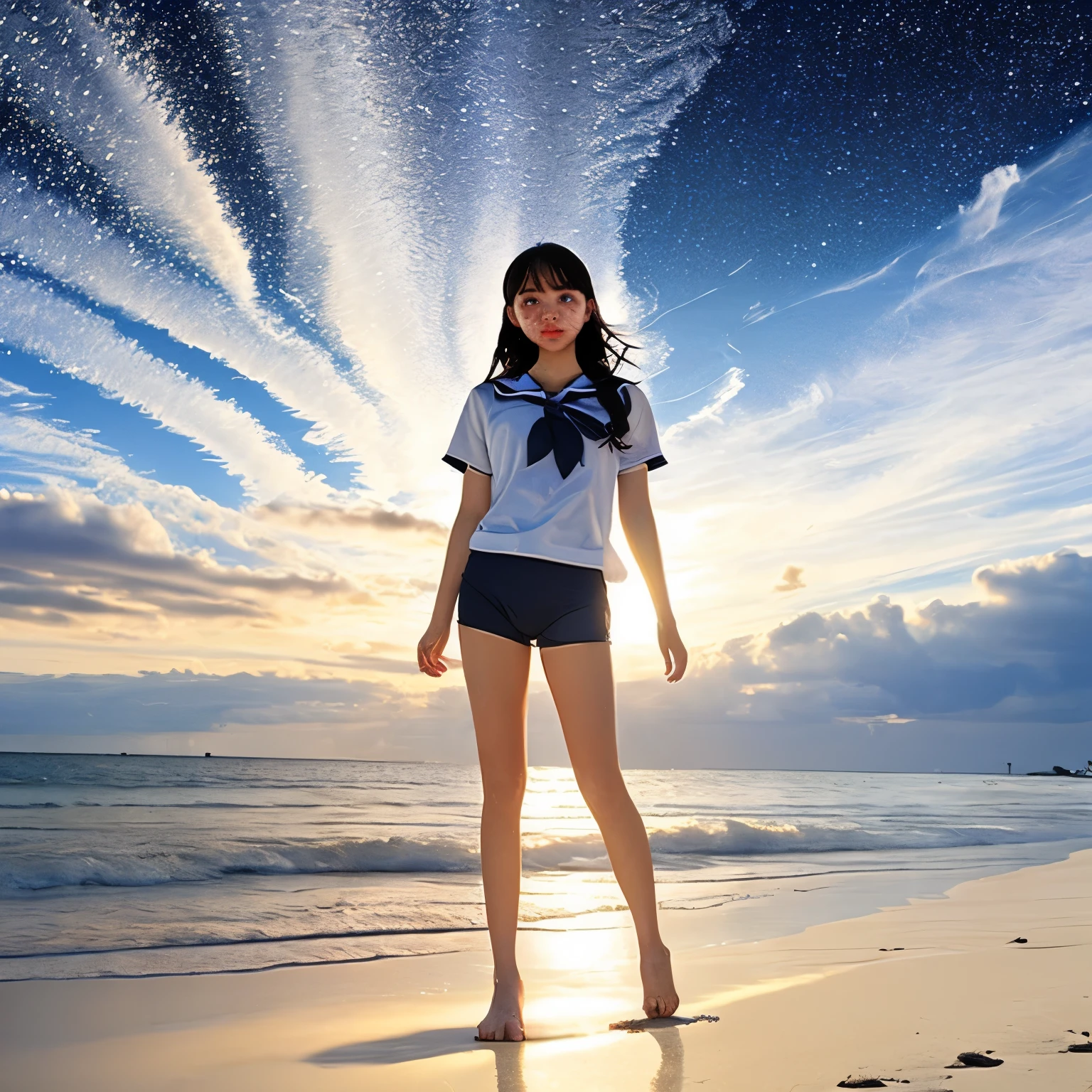  Masterpiece of (ProfessionalPhoto:1.37) ((ExtremelyDetailed (12 PICHIPICHI KAWAII Girls Floating in The Air in a row:1.37) in WHITE at Dusk Enoshima Beach)), {(Standing Full Body:1.2)|(from below:1.2)|Detailed KAWAII face}, Different types of hair colors, {(skinny(school swimwear))|(SchoolUniform)with Tiny AthleticShorts}, {(Corrected Childish hand)|Hidden hand|Different types of breasts|(Clearly Visible the shape of Butt)}, Joyful Expressions LifeLike Rendering, Detailed clothing texture, PerfectLighting, (Dazzling Horizon Visible through ThighGap), (Starry IridescentParticles:1.22) ColorfulClouds . Whole Body proportions and all limbs are anatomically accurate