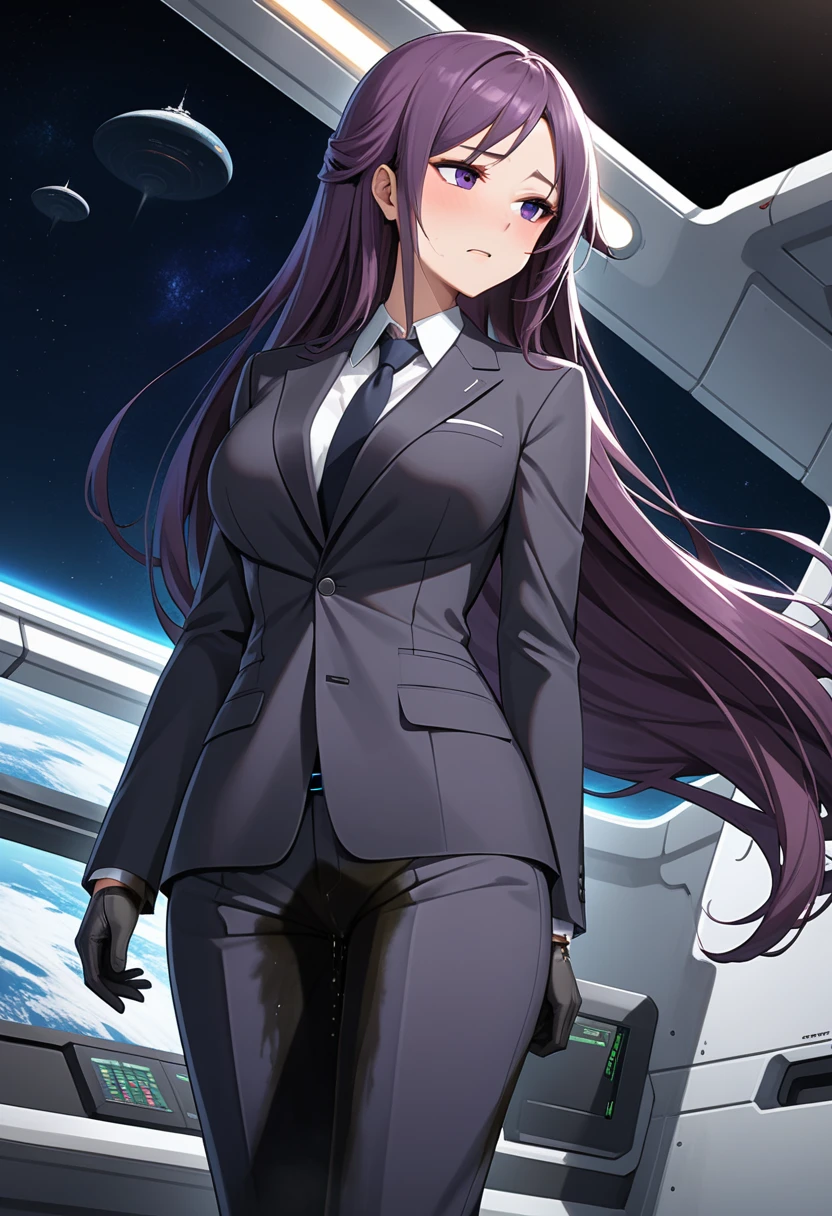 (high quality,Very detailed:1.37, High resolution), Woman, (mature:2.0), (Sakaki Yumiko:1.5), (very long hair:1.5), (dark purple hair:2.5), purple eyes, huge breasts, tuxedo, necktie, (sunglasses:1.5), (pants:1.5), (wetting herself:2.0), standing, embarrassed, humiliation, (sweating:1.5), shaking, (trembling:1.5), (blushing:1.5), Meticulous details, (extremely detailed eyes:1.37), space station, interior, science fiction, futuristic
