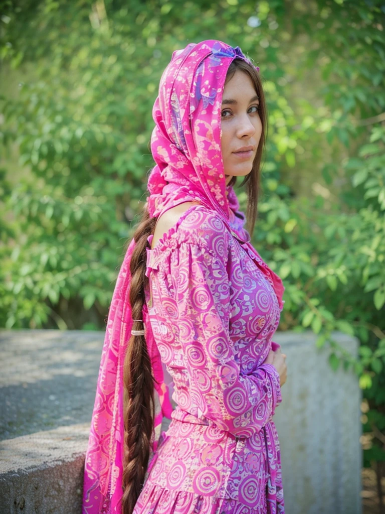 A young woman wearing a pink patterned dress and matching headscarf stands outdoors, facing slightly backward. She has long, braided hair draped over her shoulder and is posed against a backdrop of lush green foliage, with soft sunlight illuminating her profile. Her expression is serene and thoughtful.