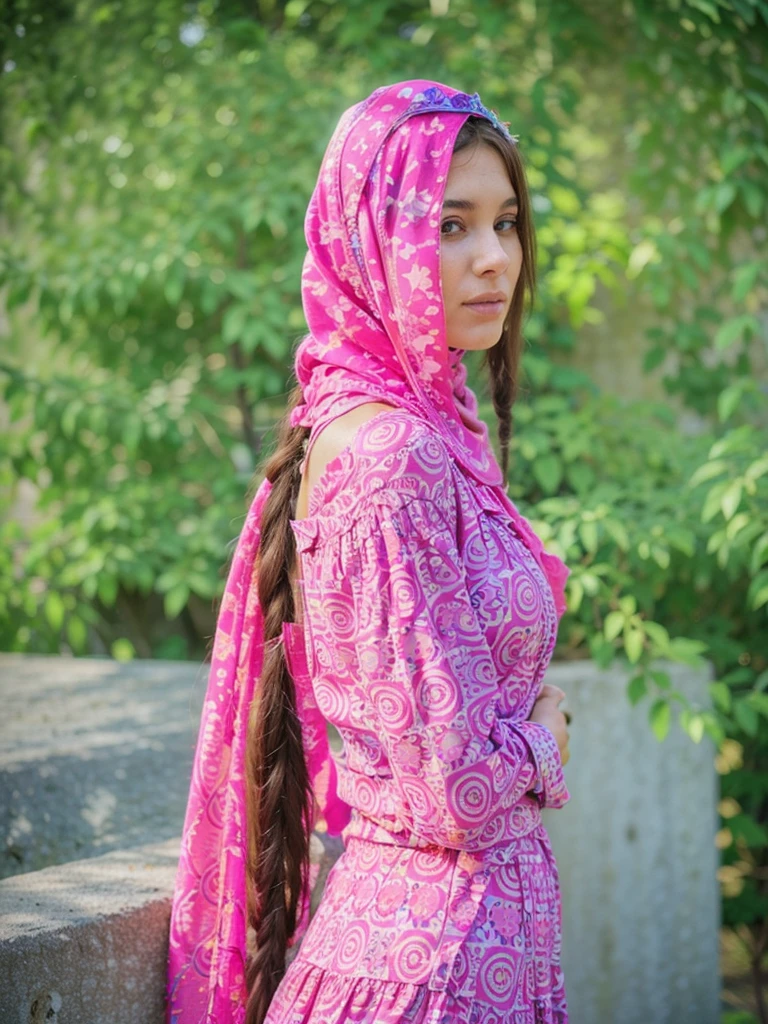 A young woman wearing a pink patterned dress and matching headscarf stands outdoors, facing slightly backward. She has long, braided hair draped over her shoulder and is posed against a backdrop of lush green foliage, with soft sunlight illuminating her profile. Her expression is serene and thoughtful.
