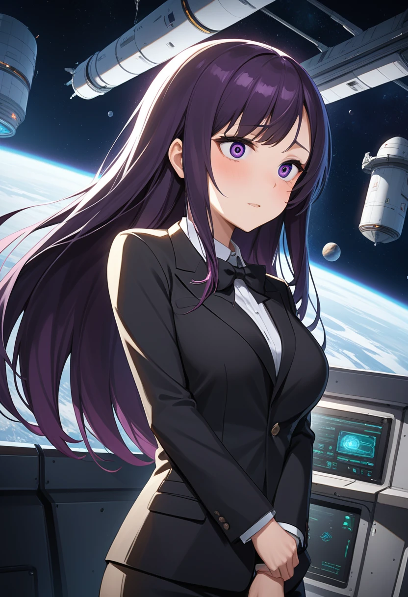 (high quality,Very detailed:1.37, High resolution), Woman, (mature:2.0), (Sakaki Yumiko:1.5), (very long hair:1.5), (dark purple hair:2.5), purple eyes, huge breasts, tuxedo, necktie, (pants:1.5), (wetting herself:2.0), standing, embarrassed, humiliation, (sanpaku eyes:1.5), (sweating:1.5), shaking, (trembling:1.5), (blushing:1.5), Meticulous details, (extremely detailed eyes:1.37), space station, interior, science fiction, futuristic