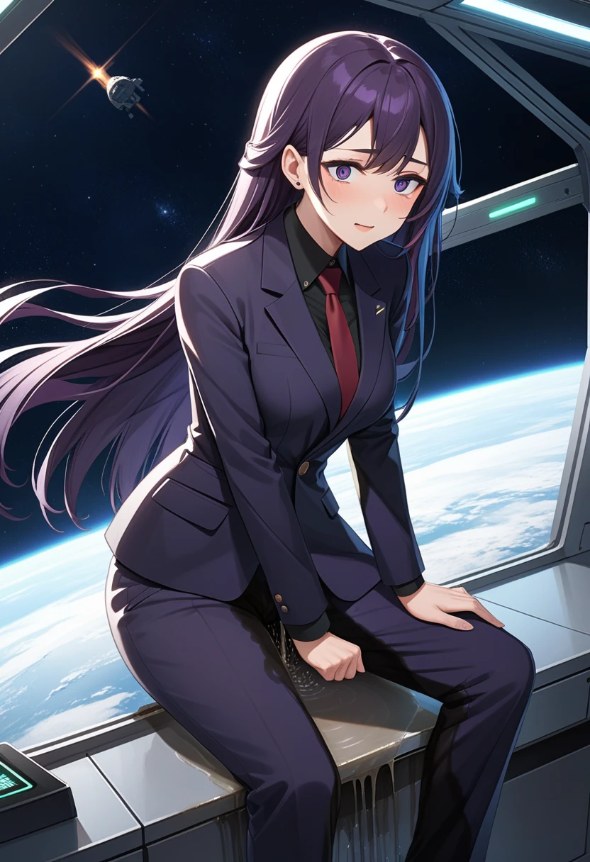 (high quality,Very detailed:1.37, High resolution), Woman, (mature:2.0), (Sakaki Yumiko:1.5), (very long hair:1.5), (straight hair:1.5) (dark purple hair:2.5), purple eyes, huge breasts, tuxedo, necktie, (pants:1.5), (wetting herself:2.0), standing, embarrassed, humiliation, (sanpaku eyes:1.5), (constricted pupils:1.5), (tiny pupils:1.5), (sweating:1.5), shaking, (trembling:1.5), (blushing:1.5), Meticulous details, (extremely detailed eyes:1.37), space station, interior, science fiction, futuristic