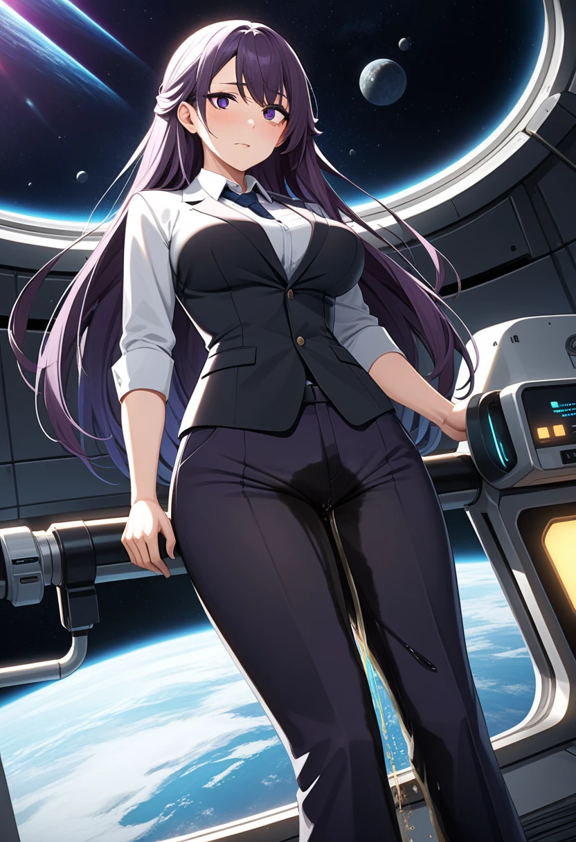 (high quality,Very detailed:1.37, High resolution), Woman, (mature:2.0), (Sakaki Yumiko:2.0), Grisaia, very long hair, (very dark purple hair:1.5), purple eyes, large breasts, military uniform, pants, (wetting herself:1.5), standing, (arms crossed:1.5), (embarrassed:1.5), (humiliation:1.5), (constricted pupils:1.5), (sweating:1.5), shaking, (trembling:1.5), (blushing:1.5), Meticulous details, (extremely detailed eys:1.37), space station, interior, science fiction, futuristic