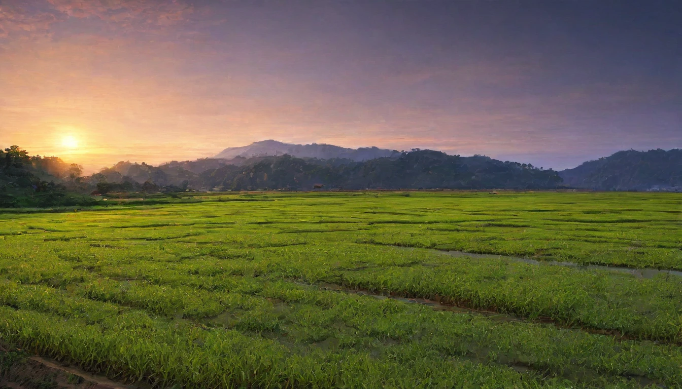 evening,Rural landscape,Azemichi,Paddy field,Highest quality, 8k, High resolution, masterpiece:1.2, Very detailed, Realistic:1.37, High resolution, 超High resolution, Very detailed, Professional, Vibrant colors
