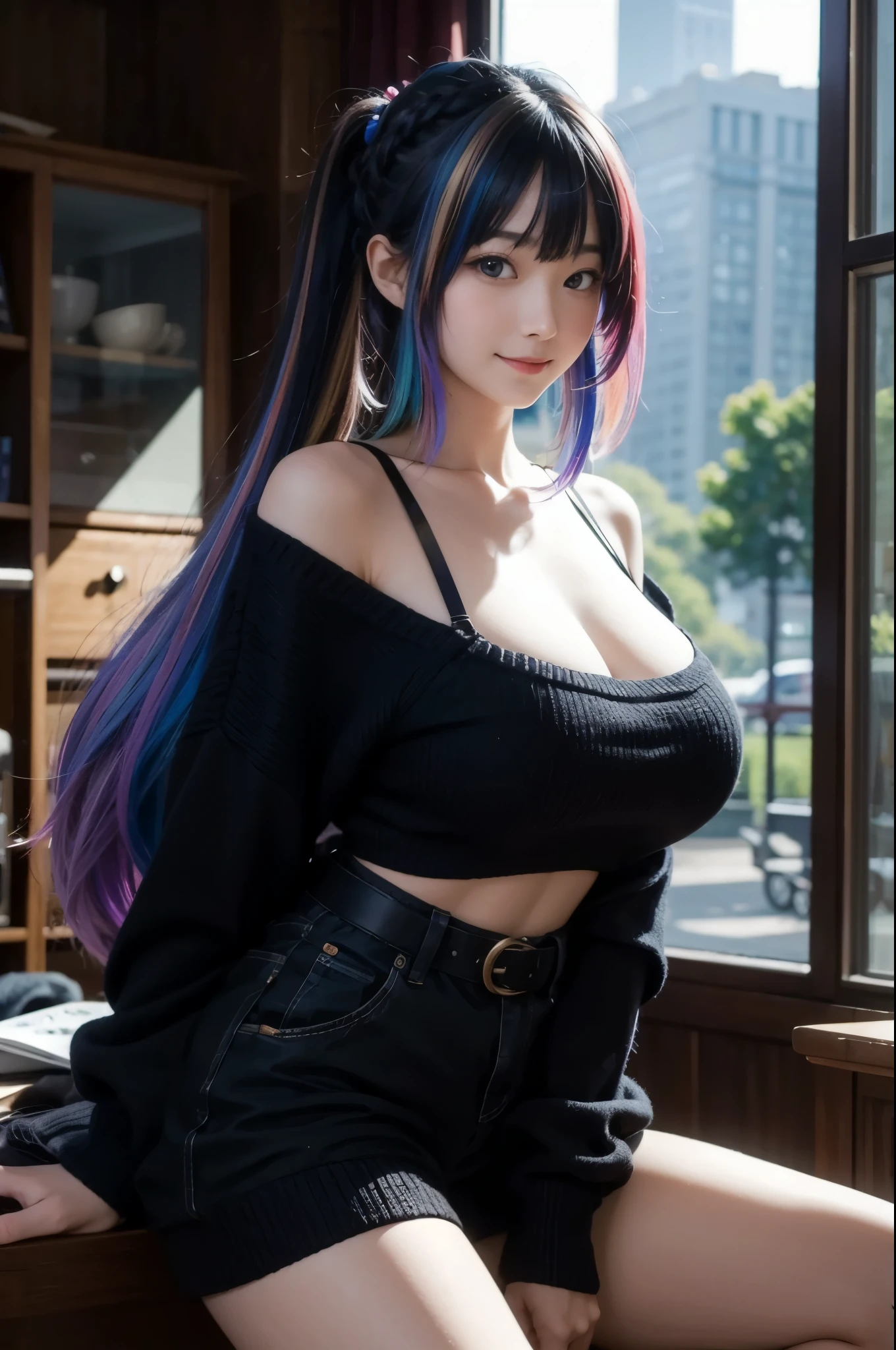 incredibly absurdres absolutely resolution, ultra detailed, official art, 8K wallpaper, masterpiece,
BREAK
bokeh photography, soft focus, multiple exposure, feeling of transparency, reflected light, led lighting,
BREAK
 (oversized:1.4) sweater,
BREAK
(multicolor hair:1.4), (((enormous breasts))), Black hair, seductive smile, bashfully smile, mysterious aura, bare knee,