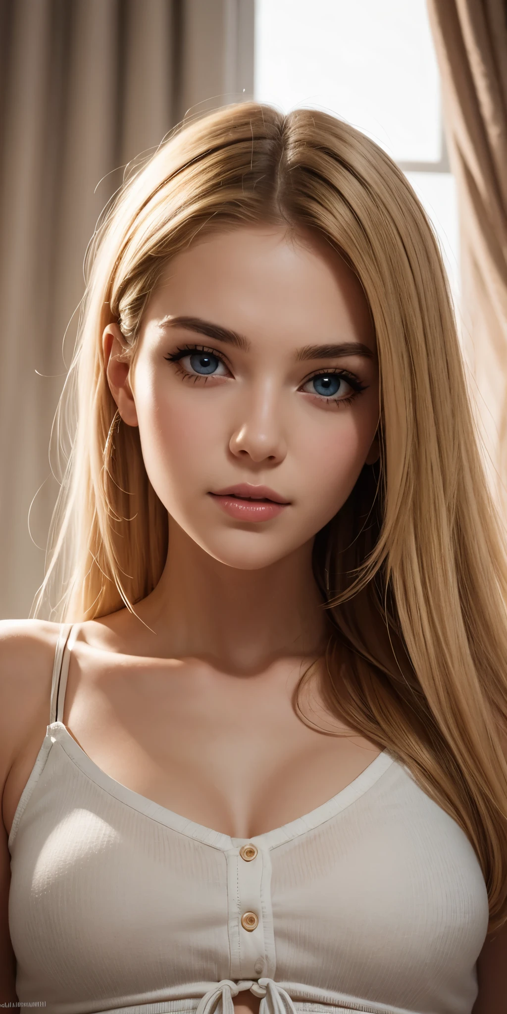 (Best quality,8k,high resolution,masterpiece:1.2)，Digital Artwork，A girl，Delicate face，Delicate eyes，Mi blonde hair，Long straight hair，shiny blue eyes，Red lips，particle，dust，Warm colors，shy，in love，Eevee drawing，Men&#39;s white collar shirt，necklace，Pretty Face，Large Breasts，Cleavage，more than_Body，Tyndall effect，lifelike，Dark Studio，(HD Skin:1.2)，8k Ultra HD，Soft Light，high quality，Edge lighting，Two-color lighting，Volumetric Lighting，frank，Professional photography，超high resolution，8k，Bokeh，Shallow depth of field，Film photos