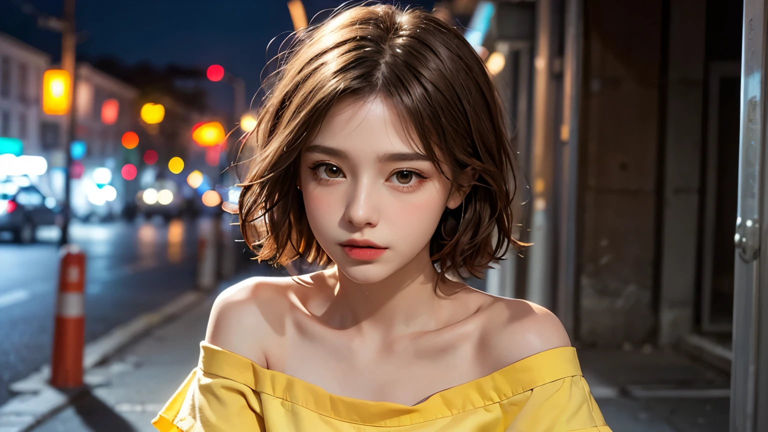 He is colorful, Oversized yellow t-shirt.., Highest quality, masterpiece, Ultra-high resolution, (Realistic:1.4), RAW Photos, One Girl, Off the shoulder, In the Dark, Deep Shadow, Moderate, Night Alley, short hair, roadside, Sitting, 20-year-old,Cute Face, Tight shirt,(head shot:1.5)