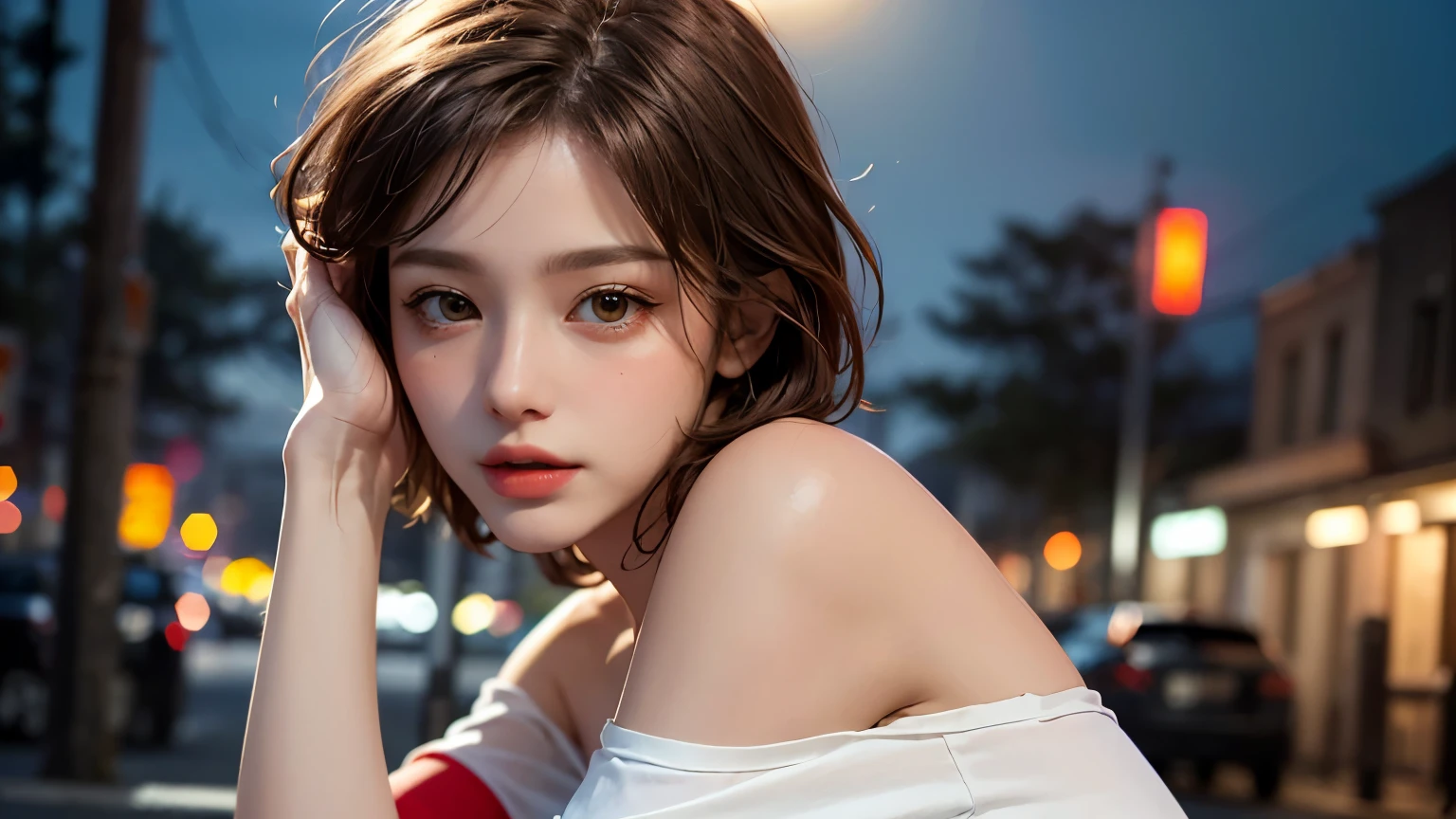 He is colorful, Oversized yellow t-shirt.., Highest quality, masterpiece, Ultra-high resolution, (Realistic:1.4), RAW Photos, One Girl, Off the shoulder, In the Dark, Deep Shadow, Moderate, Night Alley, short hair, roadside, Sitting, 20-year-old,Cute Face, Tight shirt,(head shot:1.5)