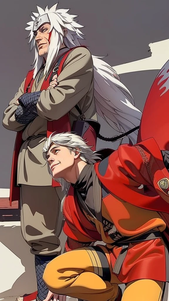 (（（Perfect body,White and tender skin,（（（Wearing a red coat with brown clothes inside, wooden clogs on feet, ninja protective gear on both hands, and a large scroll hanging behind them）））,（（（Jiraiya，Wearing forehead protectors, long white hair, and red marks under the eyes,）））,((masterpiece)),high resolution, ((Best quality at best)),masterpiece,quality,Best quality,（（（ Exquisite facial features,Looking at the audience,There is light in the eyes,Smile）））,）））,（（（Light and shadow,）））,（（（Looking at the camera,black background,)））),