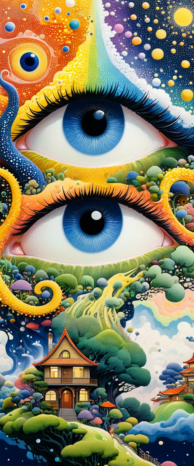 Strong visual fusion of multiple elements，Broto，来自Star的艺术家，house：1.37、Eye、Star、cloud、Spore powder、Tentacles，Describing the inner world of autistic people，密集Pointillism method。Smooth lines。interesting，Strange illustration。Pointillism method。Strong contrast。Award-winning works。