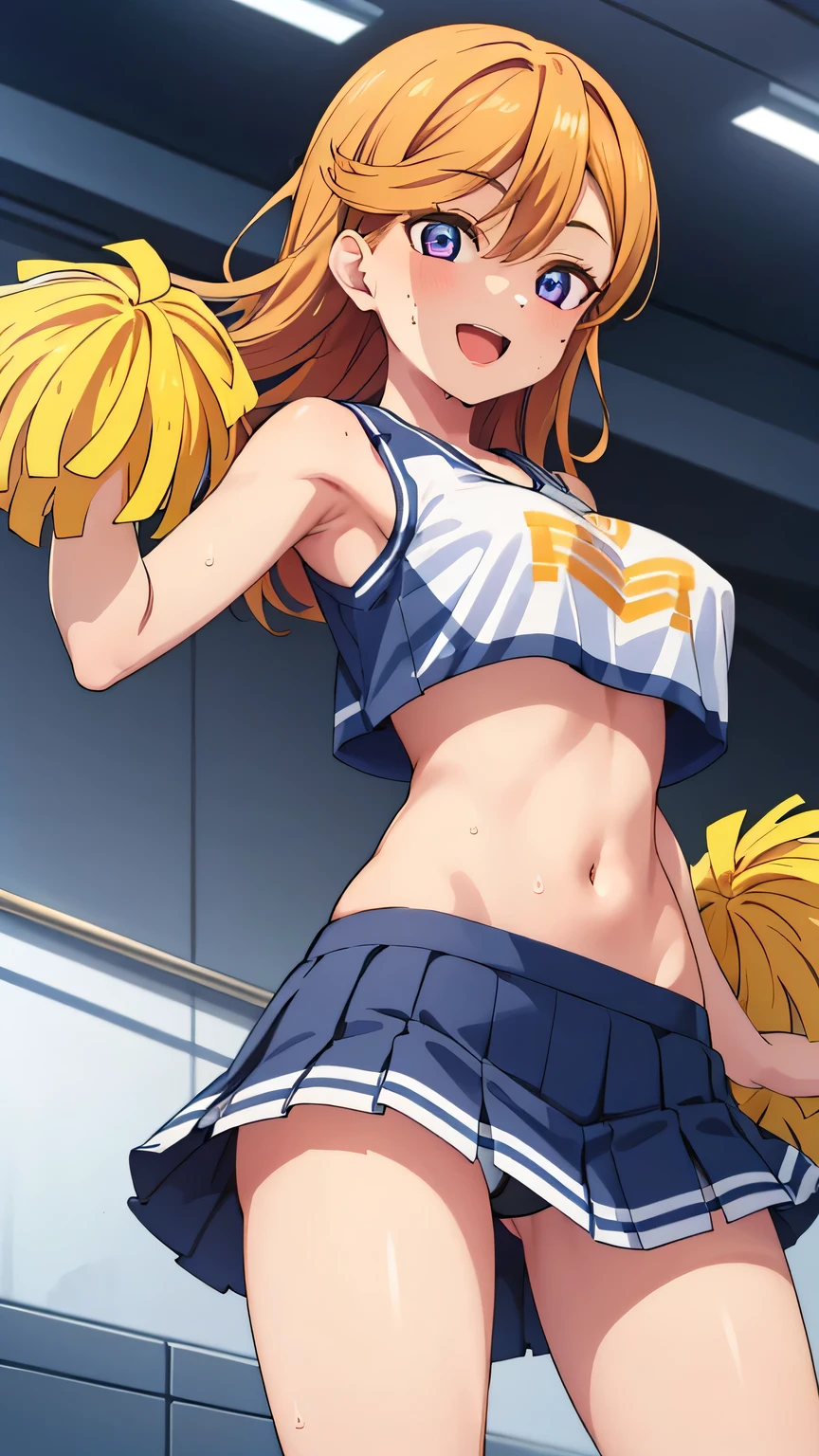 {{{masterpiece}}}, {{{best quality}}}, {{ultra-detailed}}, {illustration}, {{an extremely delicate and beautiful}}, (beautiful detailed eyes:1.6), extremely detailed face, extremely detailed CG, (perfect hands, perfect anatomy), 16k, anime face, {{shibuya kanon}}, {{love live! superstar!!}}, 1girl, cute face, purple eyes, orange medium hair, semi-long hair, asymmetrical bangs, medium breasts, thin waist, big hips, curvaceous, BREAK,(cheerleader, pom pom \(cheerleading\), pleated skirt,, under boobs:1.2), panties on, Midriff, Navel, thighs thighs thighs thighs, (From below:1.2), Super shiny hair and skin, , (Sweaty body, Dynamism), A lively smile, Open mouth, Perfect eyes, Perfect hands, Perfect nose, arena, nipples through, cameltoe
