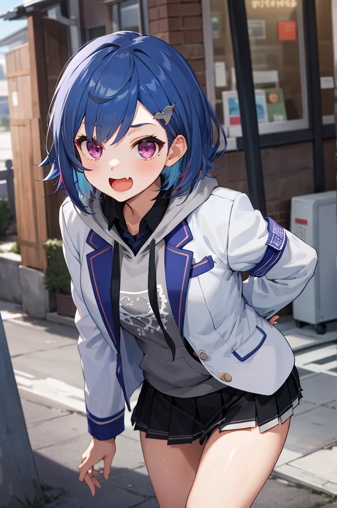 masterpiece, best quality, highres, 1girl, solo, grey hoodie, fang, blue hair, skin fang, blazer, short hair, white jacket, (mole on thigh:0.8), bangs, black skirt, hair behind ear, black socks, collared shirt, purple eyes, pleated skirt, armband, mole, hair ornament, open mouth, outdoors, smile, 