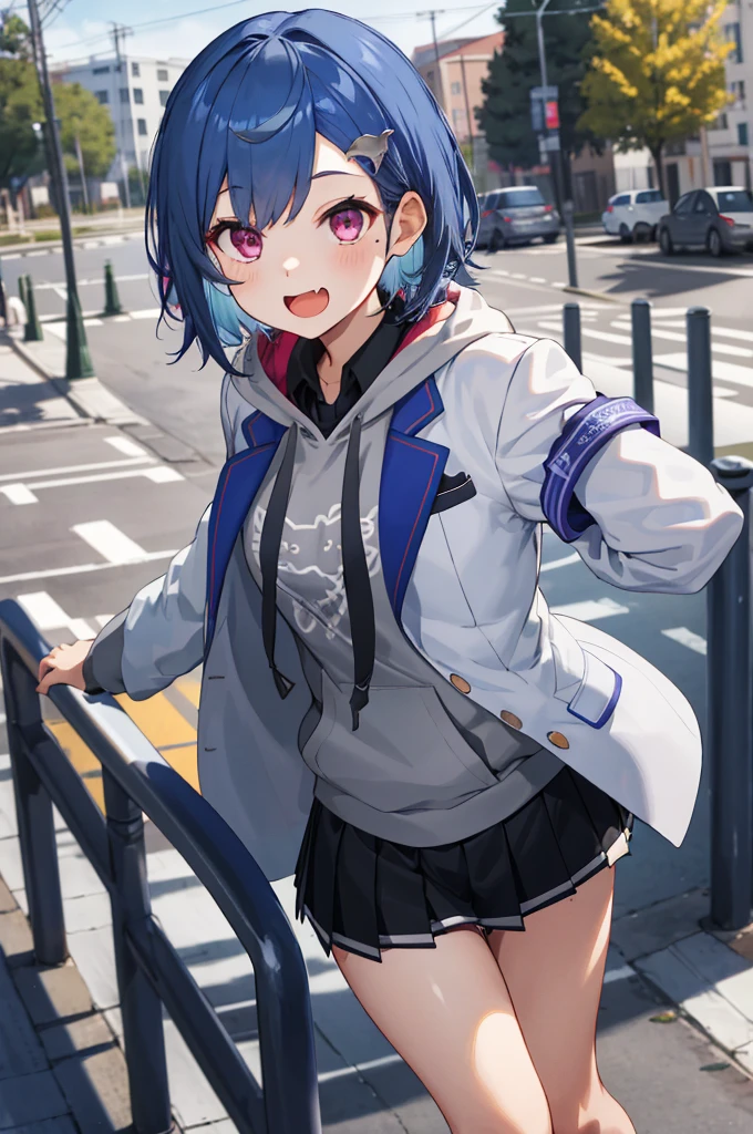 masterpiece, best quality, highres, 1girl, solo, grey hoodie, fang, blue hair, skin fang, blazer, short hair, white jacket, (mole on thigh:0.8), bangs, black skirt, hair behind ear, black socks, collared shirt, purple eyes, pleated skirt, armband, mole, hair ornament, open mouth, outdoors, smile, 