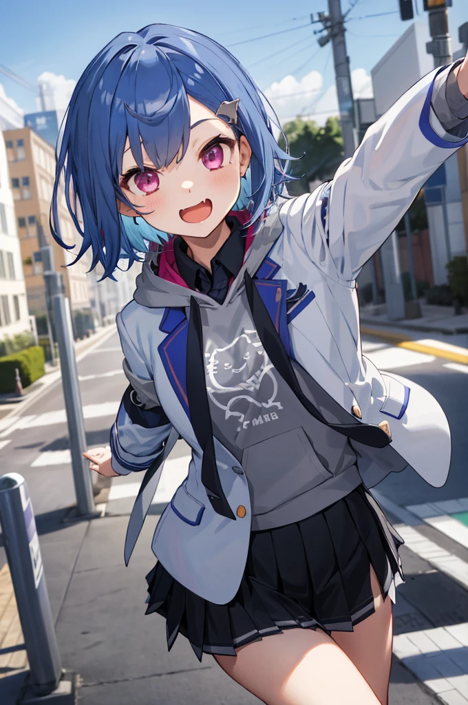 masterpiece, best quality, highres, 1girl, solo, grey hoodie, fang, blue hair, skin fang, blazer, short hair, white jacket, (mole on thigh:0.8), bangs, black skirt, hair behind ear, black socks, collared shirt, purple eyes, pleated skirt, armband, mole, hair ornament, open mouth, outdoors, smile, 