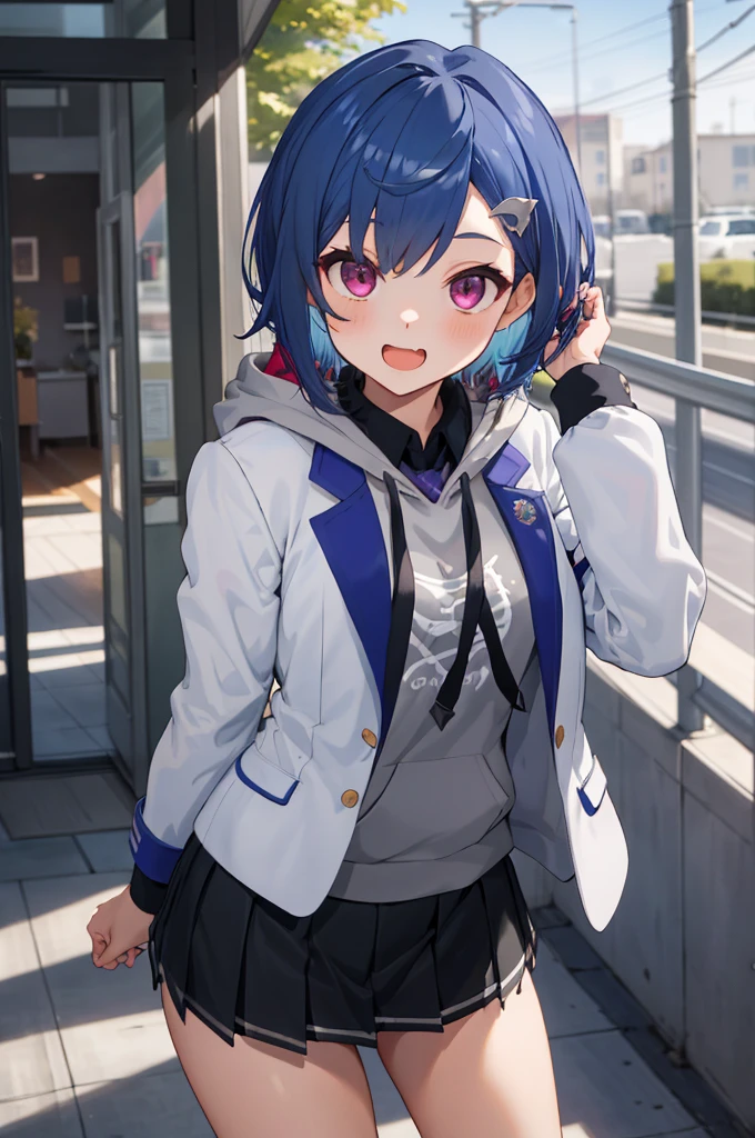 masterpiece, best quality, highres, 1girl, solo, grey hoodie, fang, blue hair, skin fang, blazer, short hair, white jacket, (mole on thigh:0.8), bangs, black skirt, hair behind ear, black socks, collared shirt, purple eyes, pleated skirt, armband, mole, hair ornament, open mouth, outdoors, smile, 