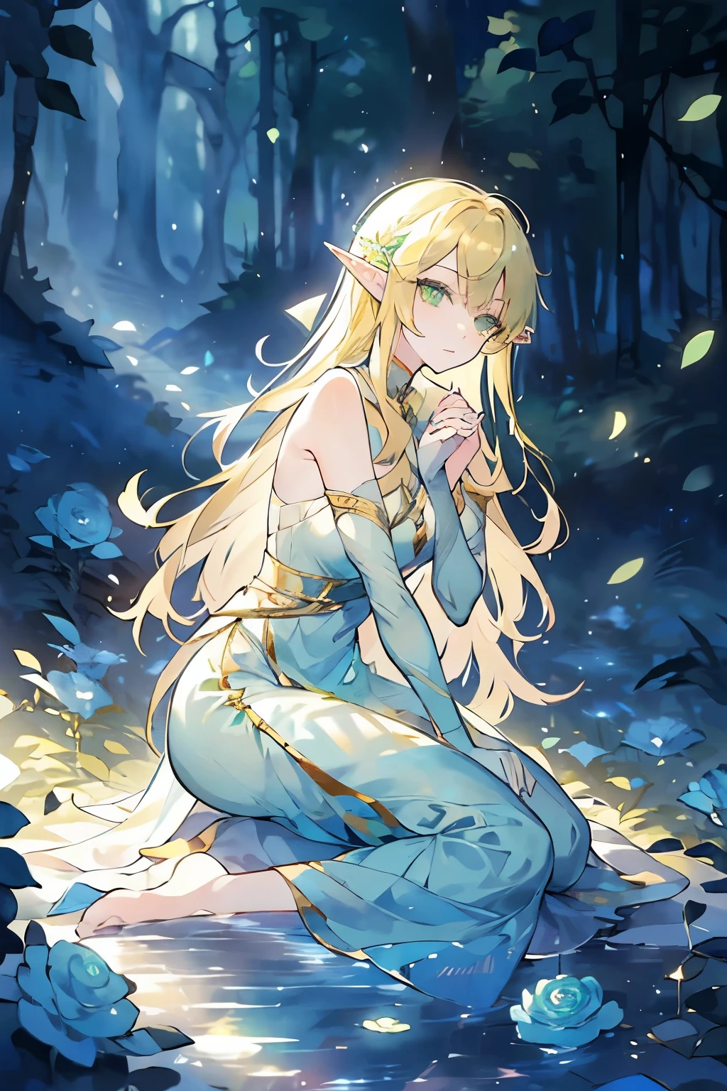 A woman, Elf, with long YELLOW/BLONDIE hair, green eyes, wearing green elegant dress, there is blue flower in her head, with serious on her face, posing looking at camera with her body turned around, elegant, beautiful, background is a mysterious forest but very beautiful place, HD picture, good AI art, NO BLUR PICTURE. 