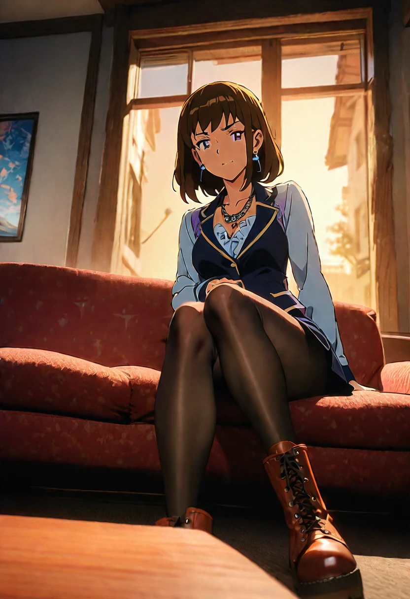 (masterpiece, best quality:1.2), ((Extremely detailed)), high resolution, Anime style , photo, photography, Detailed background,1. Beautiful woman Lei Dianming, (Pantyhose), boots,Cowboy shooting, Looking at the audience,A faint smile, earrings, skirt, Necklace, Vest, Cross your legs, From below, On the sofa, Windows, living room,Anime style，brown