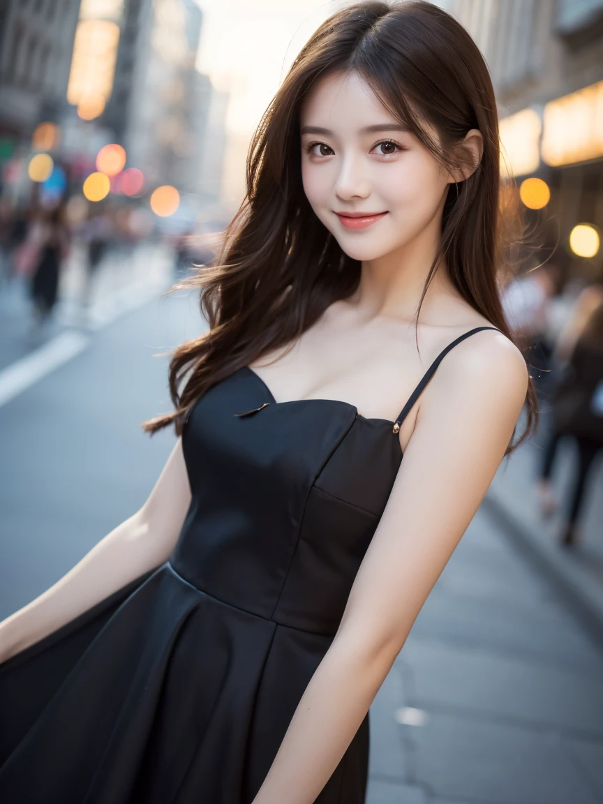 ((best quality, 8k, masterpiece :1.3)), 1 girl, smiling, whole body, face slimming, pretty Woman, (Dark brown hair), full length dress :1.1, Super detailed faces, delicate eyes, double eyelids, blurred background, face slimming, City, external, street, Random body orientation,