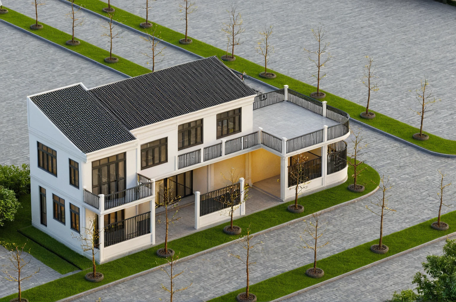Raw photo,Masterpiece, high quality, best quality, authentic, super detail,
exterior, outdoors, house style indochine on the street ,aiaigroup
road,pavement, grass, trees, sky, cloud, (day:1.1)
