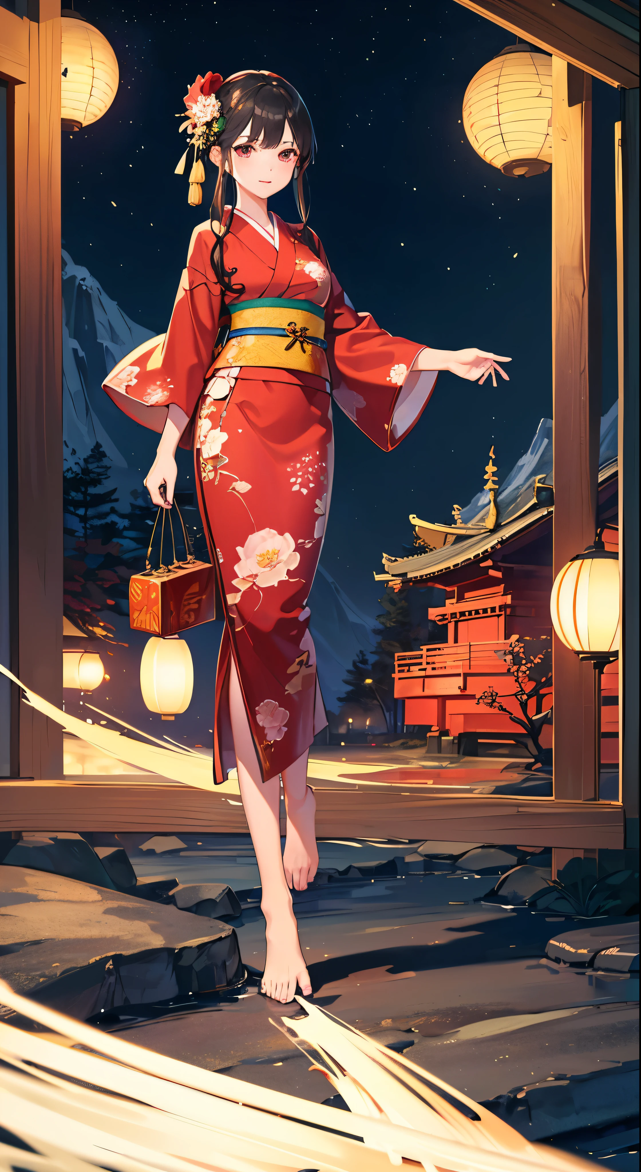 Highest quality、masterpiece、High resolution、1girl、Detailed face、(Full body high quality images:1.6)、In the moonlit forest、Mountains and Rivers、night、Firefly Light、Real、Rich in detail、(Red floral yukata:1.2)、(Beautiful body:1.4)、with high definition images，