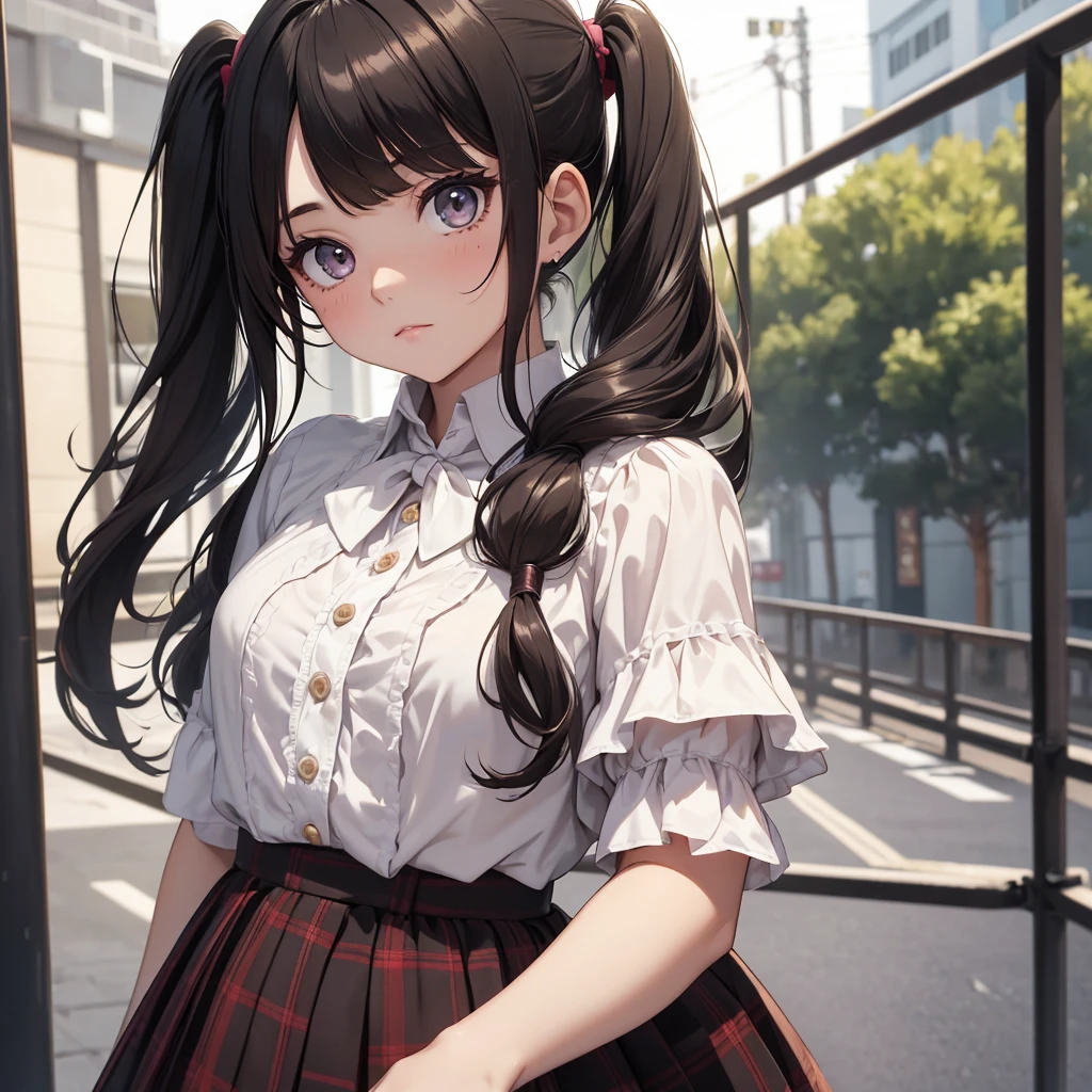 (8K, Best Quality, Masterpiece, Ultra High Resolution) 1Girl, Young, Teen, High School Student, Beautiful Eyes, Face Details, Dark Hair, Long Hair, Pigtails, Hazel Eyes, Pale Skin, Dainty, Cute, Blouse, Plaid Skirt, Dark Outside, Best Quality, Upper Body, Looking at the Viewer, Facing Viewer, Close Up