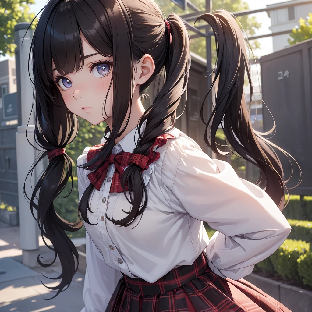 (8K, Best Quality, Masterpiece, Ultra High Resolution) 1Girl, Young, Teen, High School Student, Beautiful Eyes, Face Details, Dark Hair, Long Hair, Pigtails, Hazel Eyes, Pale Skin, Dainty, Cute, Blouse, Plaid Skirt, Dark Outside, Best Quality, Upper Body, Looking at the Viewer, Facing Viewer, Close Up