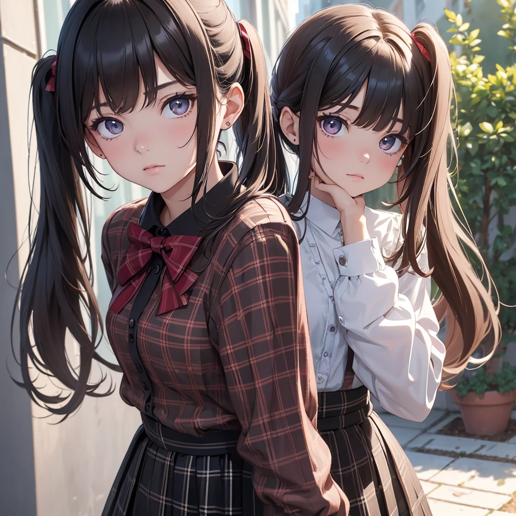 (8K, Best Quality, Masterpiece, Ultra High Resolution) 1Girl, Young, , Highautiful Eyes, Face Details, Dark Hair, Long Hair, Pigtails, Hazel Eyes, Pale Skin, Dainty, Cute, Blouse, Plaid Skirt, Dark Outside, Best Quality, Upper Body, Looking at the Viewer, Facing Viewer, Close Up