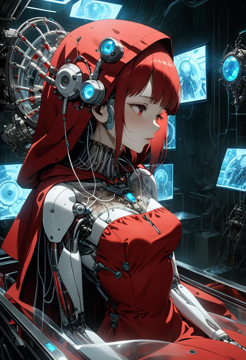 Intricate illustration in imaginative and cybertic surrealist art style，A girl android wearing a red riding hood is placed in a glass coffin in a science laboratory.The girl has a beautiful red riding hood on her head,The girl's face is inorganic and doll-like,A body made entirely of machinery from the neck downThe whole body looks like a human specimen, with various mechanisms and blood vessel-like tubes visible.The body color scheme is based on red and white,Scientific and artistic body structure,Transparent glass coffin Inside, several blood vessel-like tubes are connected to the girl's entire body.The cable is designed to look like a work of art.The tubes are red and white,The coffin in the laboratory is the type that can be pulled out from the wall,The girl is laid to rest,Inside the glass coffin, the smoke from the dry ice accumulates at the bottom.The coffin emits a beautiful light with clear red light.The texture and beauty of Little Red Riding Hood, the beauty and luster of the girl's red hair, the beauty of her skin,Medical and scientific depictions of the body mechanics,The texture and shine of the mechanism,The transparency and beauty of glass coffins,Background of a laboratory in an underground area dimly lit with clear blue light, Data on the girl's body is displayed on numerous monitors,Ultra HD, Ultra High Quality Image, (Masterpiece, Best Quality, 4k, 8k:1.5). Ultra Detail,Ultra-fine painting,Physically Based Rendering, Science、Professional shooting resolution,3dCG concept art