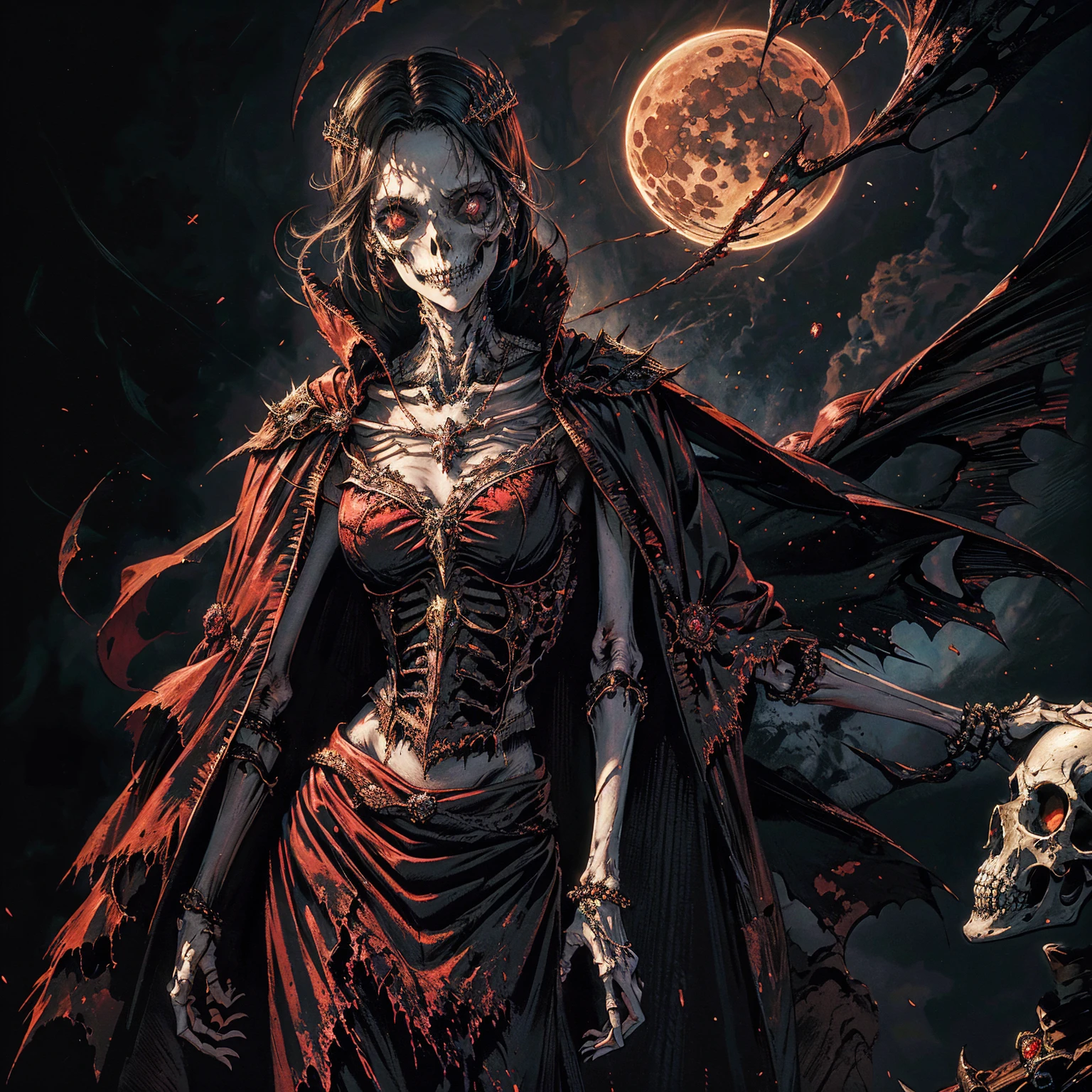 best quality, 4K, high resolution, masterpiece:1.2, Very detailed, actual:1.37, Mood lighting, Female undead lich in a long cape, Half face is normal flesh but another half face is skull, Hand and arm has no flesh but only skeleton bones, Wearing a ragged gothic skirt, Aloofness emotion, Dangerous sneer, Beautiful but cruel smile, Black Hair, Standing, Facing the camera, Crucified, Pitch black sky, Blood-red moon, strange atmosphere, Gothic style, Unforgettable beauty, Dramatic shadows, Ethereal Light, Mysterious atmosphere.