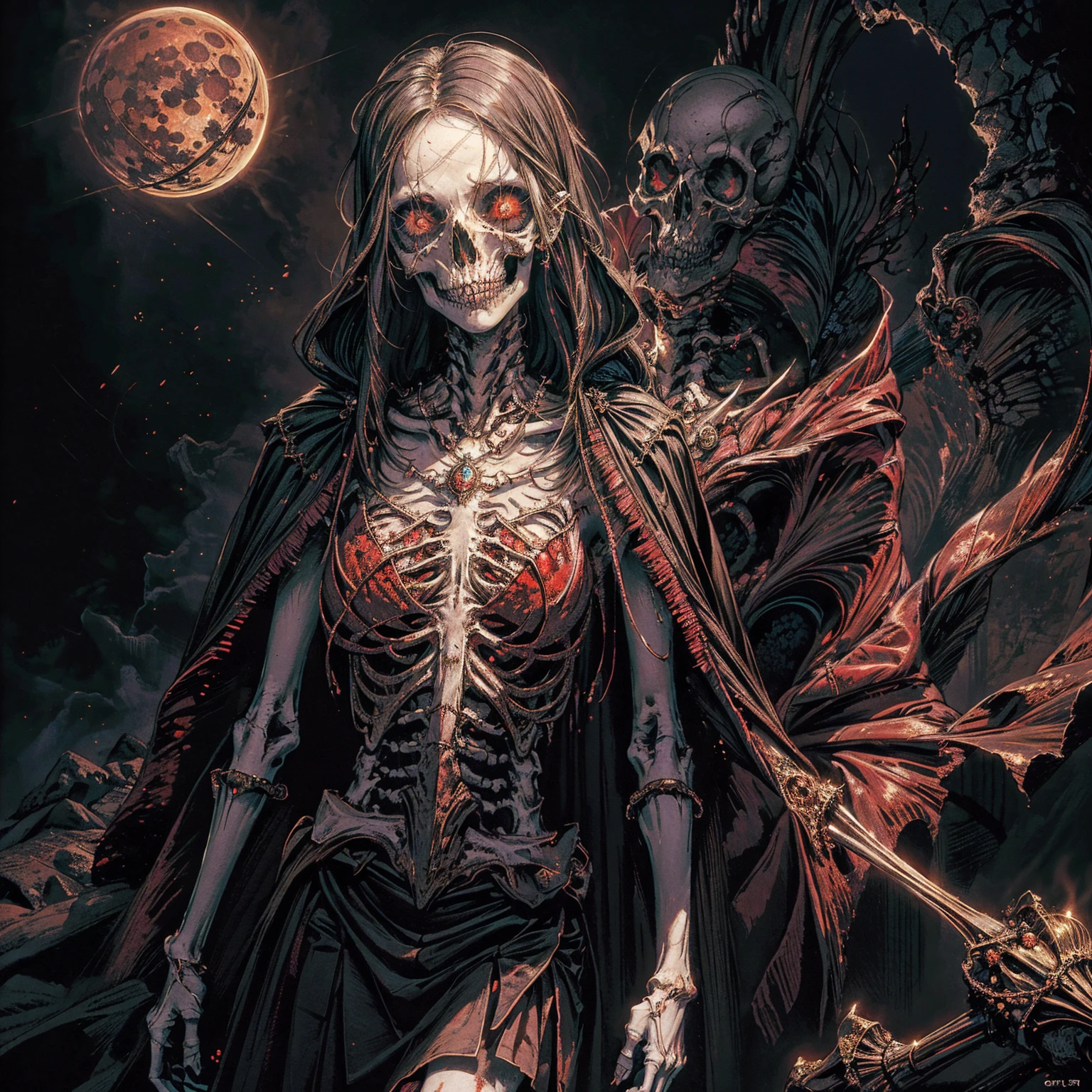 best quality, 4K, high resolution, masterpiece:1.2, Very detailed, actual:1.37, Mood lighting, Female undead lich in a long cape, Half face is normal flesh but another half face is skull, Hand and arm has no flesh but only skeleton bones, Wearing a ragged gothic skirt, Aloofness emotion, Dangerous sneer, Beautiful but cruel smile, Black Hair, Standing, Facing the camera, Crucified, Pitch black sky, Blood-red moon, strange atmosphere, Gothic style, Unforgettable beauty, Dramatic shadows, Ethereal Light, Mysterious atmosphere.