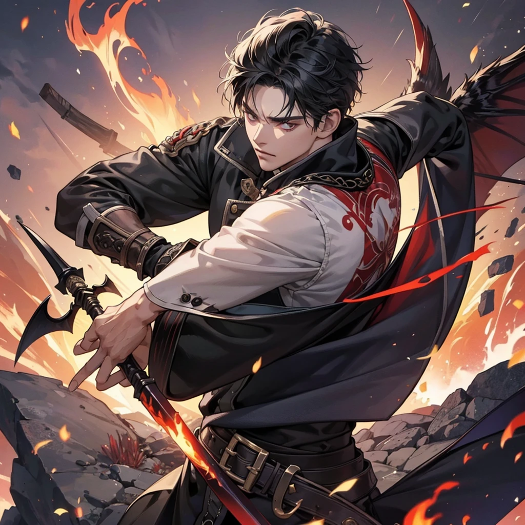 1 handsome demon slayer, weapon, manly, handsome, weapon, tattoo, flame, demon slayer, 8k, hd, unreal engine, wings