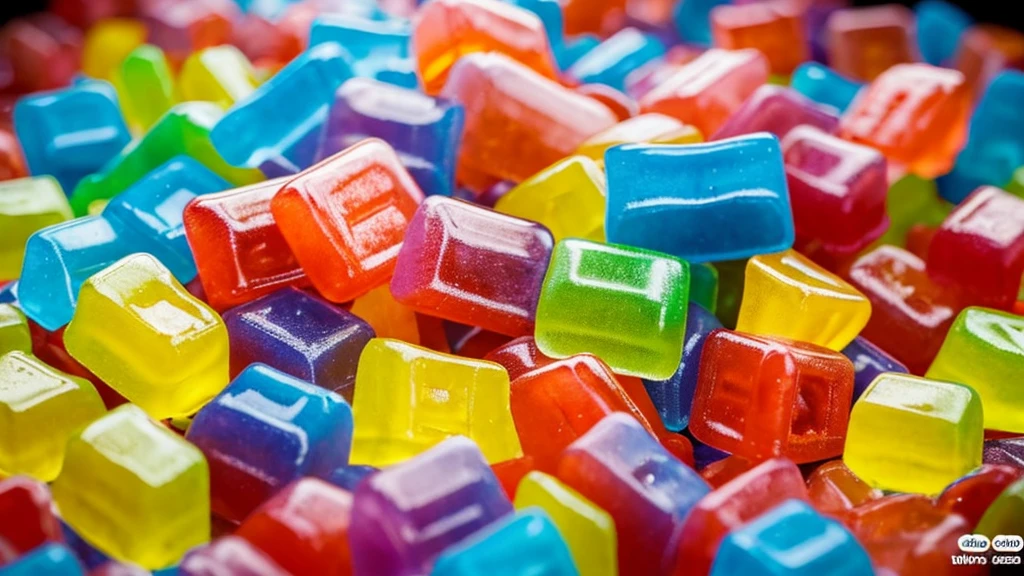 A hyper-realistic, detailed, intricate image of a white container labeled 'Cheech & Chong's Cruise Chews Gummies' with an assortment of colorful gummy candies scattered in front and on top of it. The container is set against a blurred background, suggesting a casual setting that could be indoors. The label on the container features various shades of blue with text and design elements that evoke a playful and relaxed vibe.