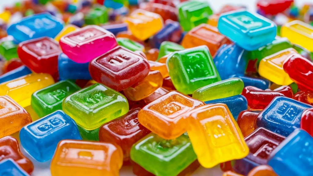 A hyper-realistic, detailed, intricate image of a white container labeled 'Cheech & Chong's Cruise Chews Gummies' with an assortment of colorful gummy candies scattered in front and on top of it. The container is set against a blurred background, suggesting a casual setting that could be indoors. The label on the container features various shades of blue with text and design elements that evoke a playful and relaxed vibe.