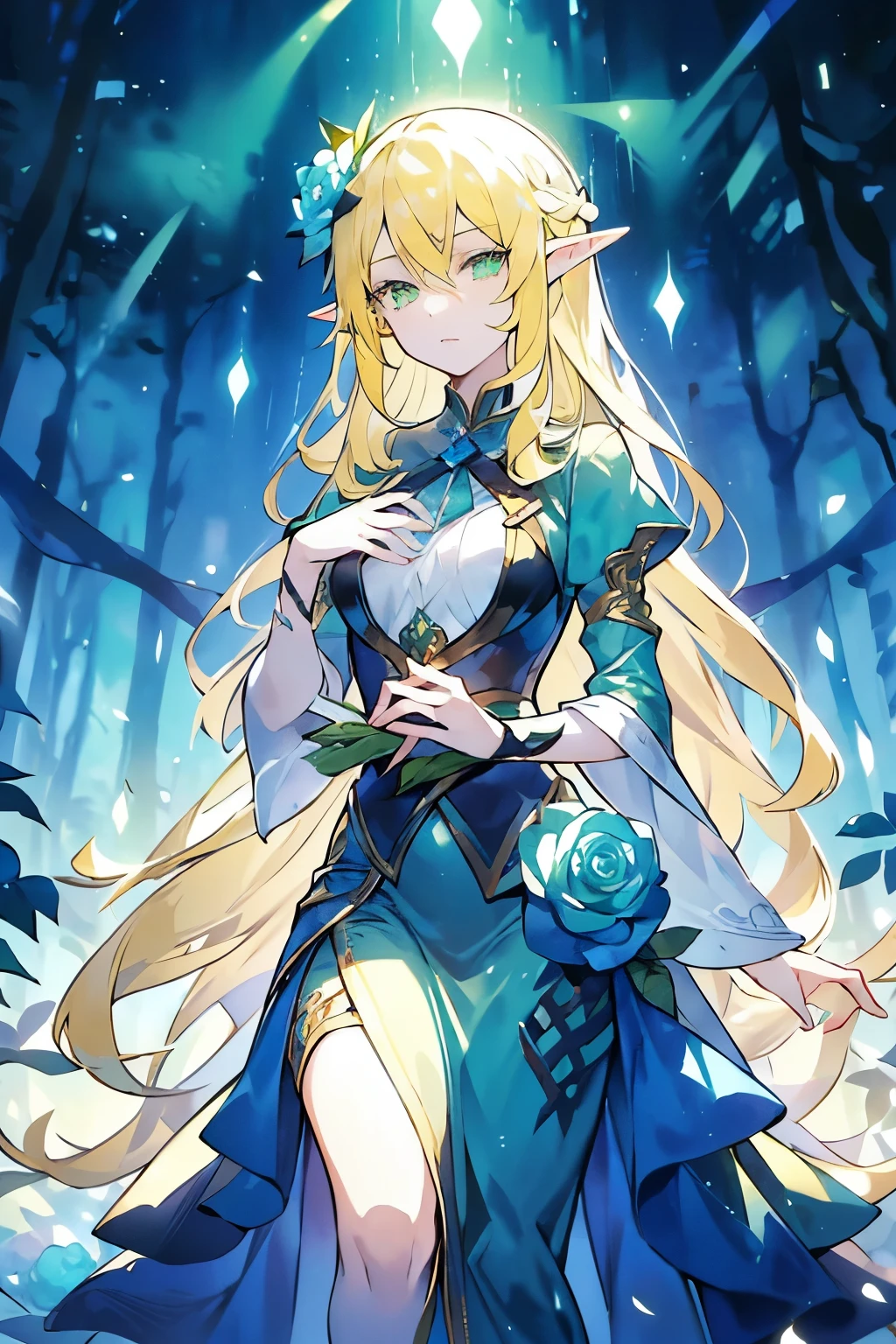 A woman, Elf, with long yellow hair, green eyes, wearing green elegant dress, there is blue flower in her head, with serious on her face, posing looking at camera with her body turned around, elegant, beautiful, background is a mysterious forest but very beautiful place, HD picture, good AI art, NO BLUR PICTURE. 