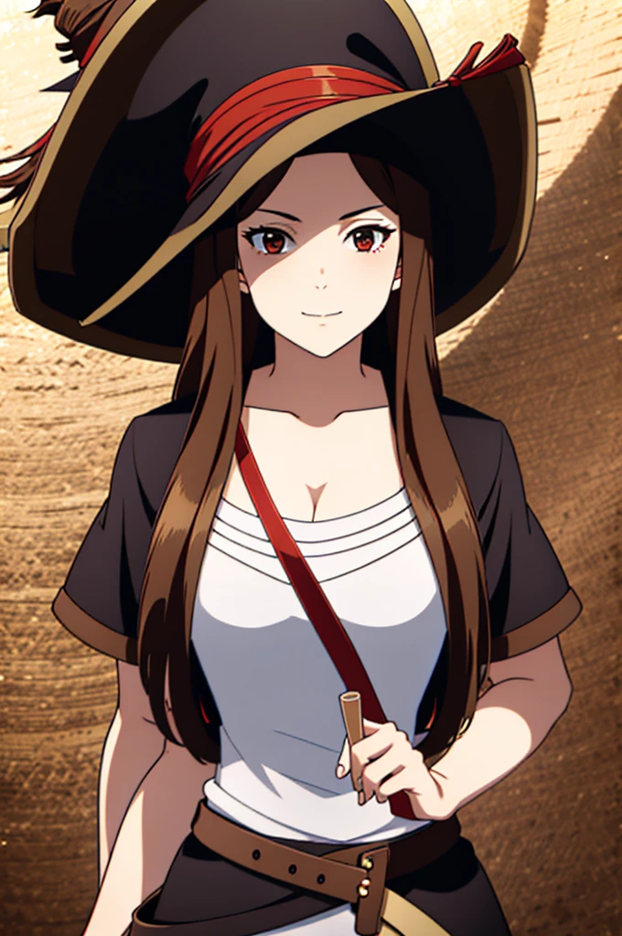 1 female, medium length brown hair, wearing pirate outfit, wearing straw hat with red band