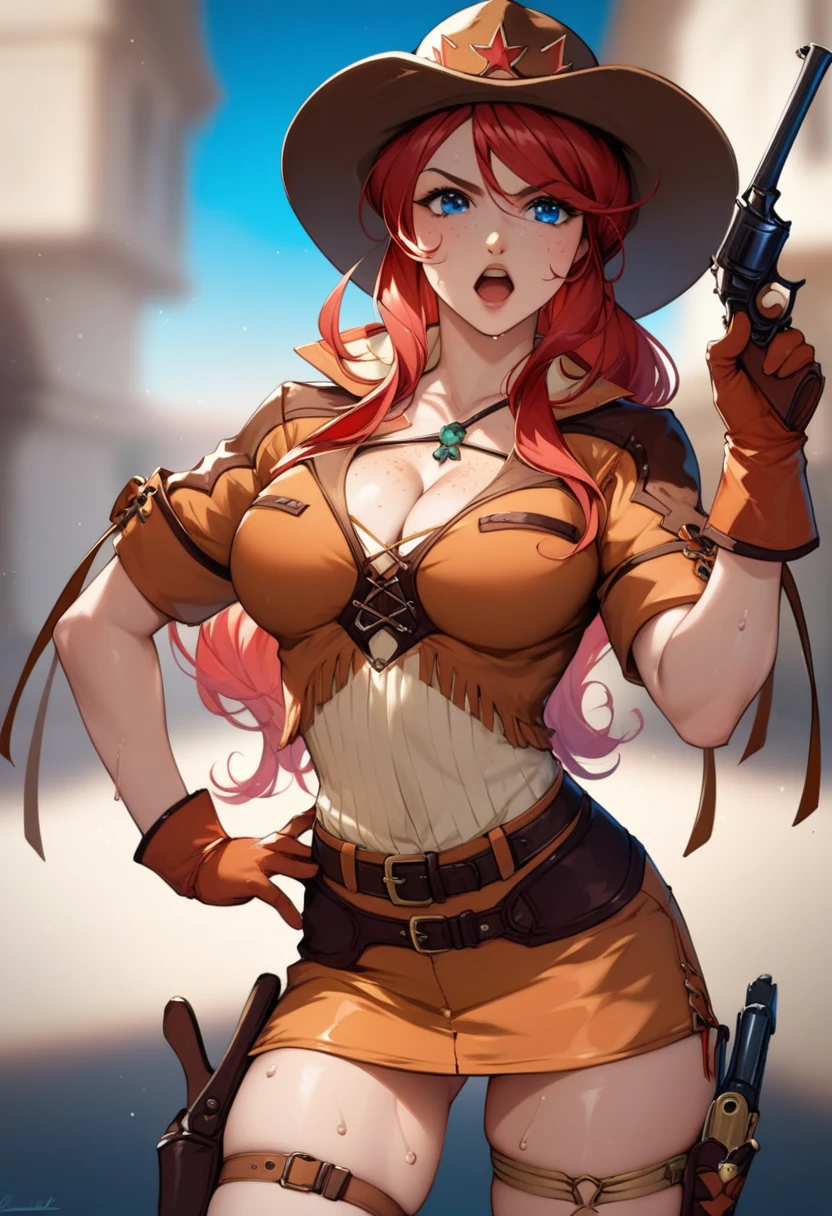 score_9, score_8_up, score_7_up, very aesthetic, source_anime, detailed, high quality, beautiful, masterpiece, detailed eyes,
Night time, blurry background,
cowboy shot, upper body, angry facial expression, mouth open, sweat
gemini sunrise, red hair, long hair, blue eyes, freckles, sidelocks, big breasts, cleavage
belt, thigh strap, cowboy hat, cowboy boots, fringe trim, gloves, miniskirt, revolver gun, battle position, zPDXL